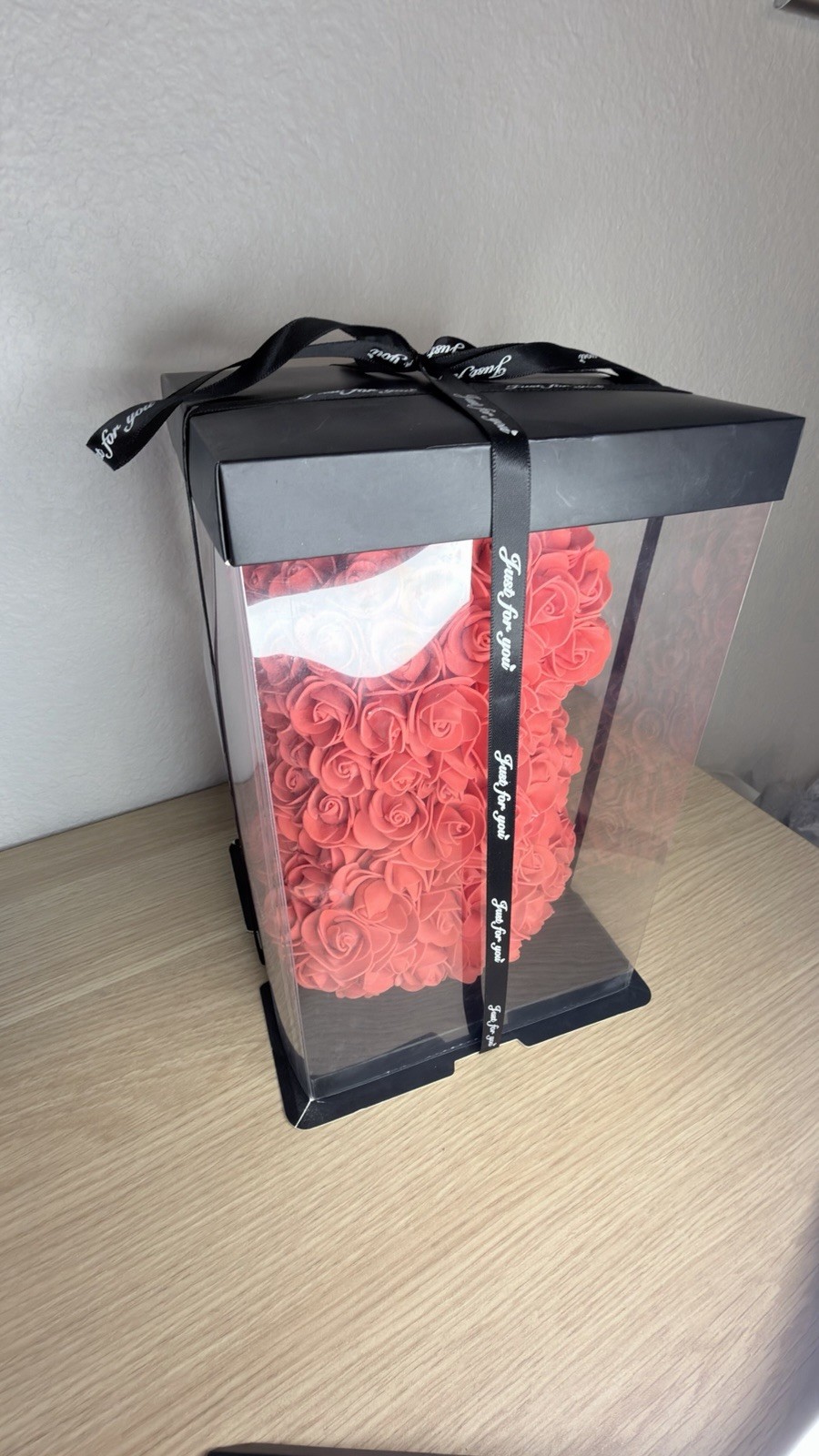 Rose Bear Gift Box – 10” Red Artificial Foam Rose Teddy Bear with Clear Display