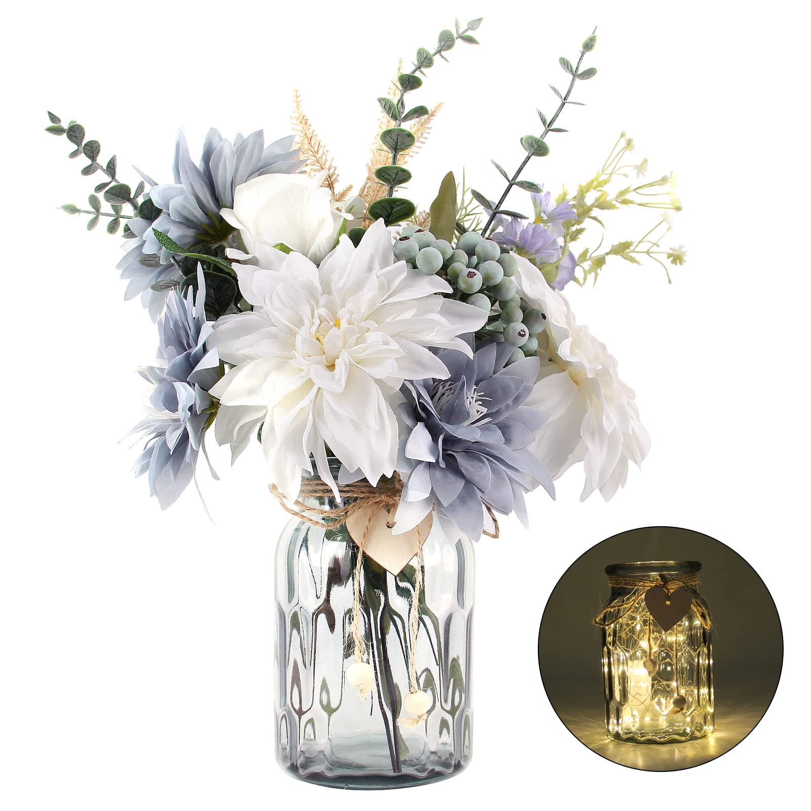 Fake Flowers with Vase, Silk Dusty Blue Rose Hydrangea Artificial Flowers in …