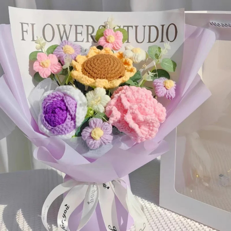 Handmade Crochet Flower Bouquet Decoration Flower Plush Ornament Gift