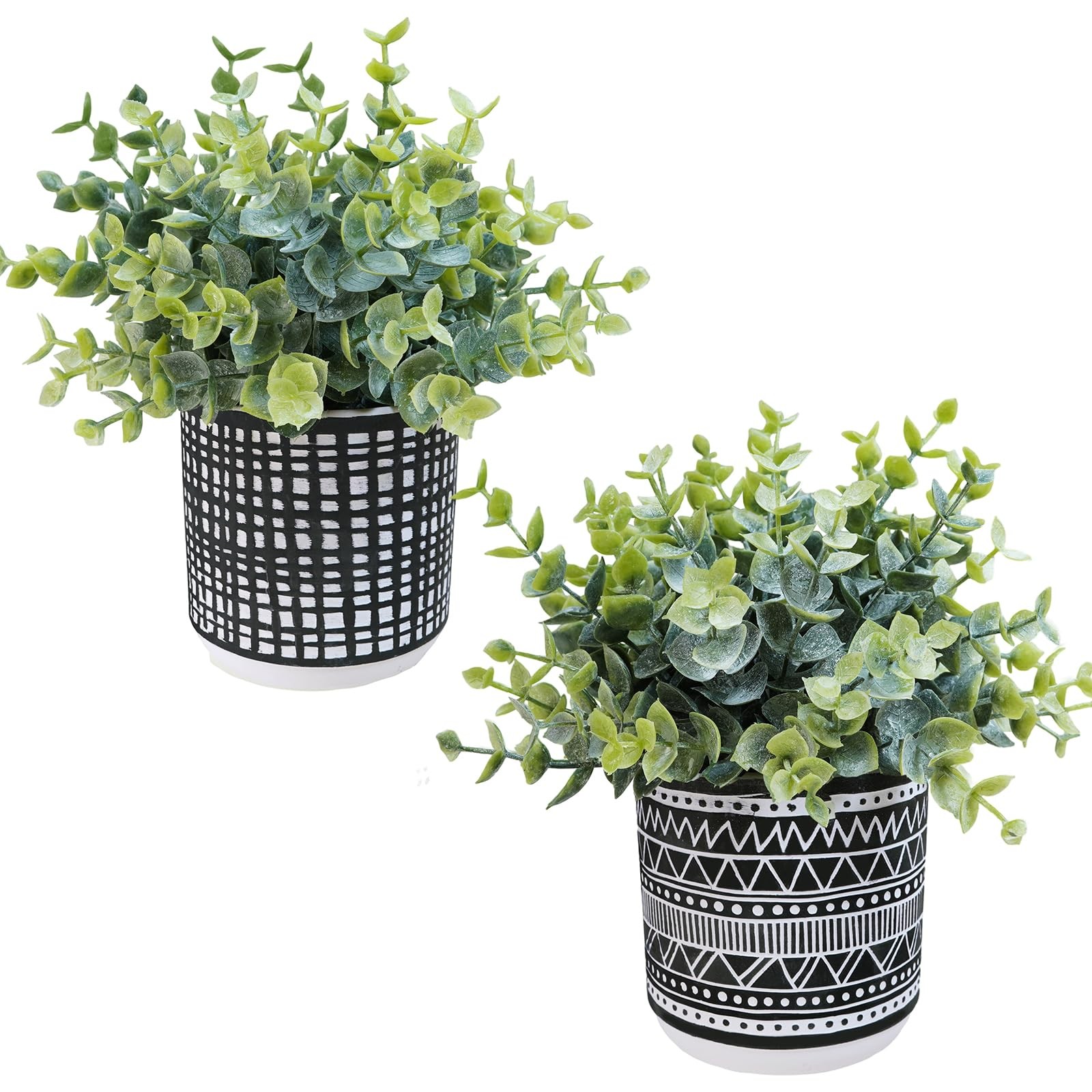 Set of 2 Small Potted Plants Artificial Eucalyptus Plant in Black Geometric C…