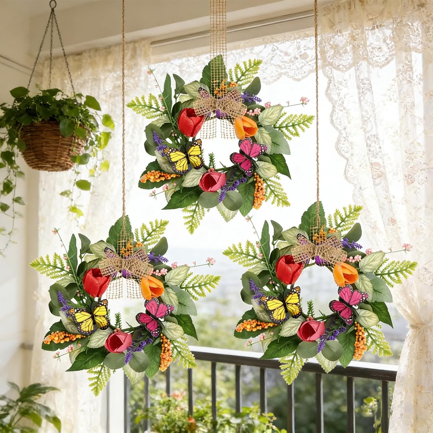 4 PCS Summer Lavender Tulips Candle Rings Wreaths Artificial Floral Pillar