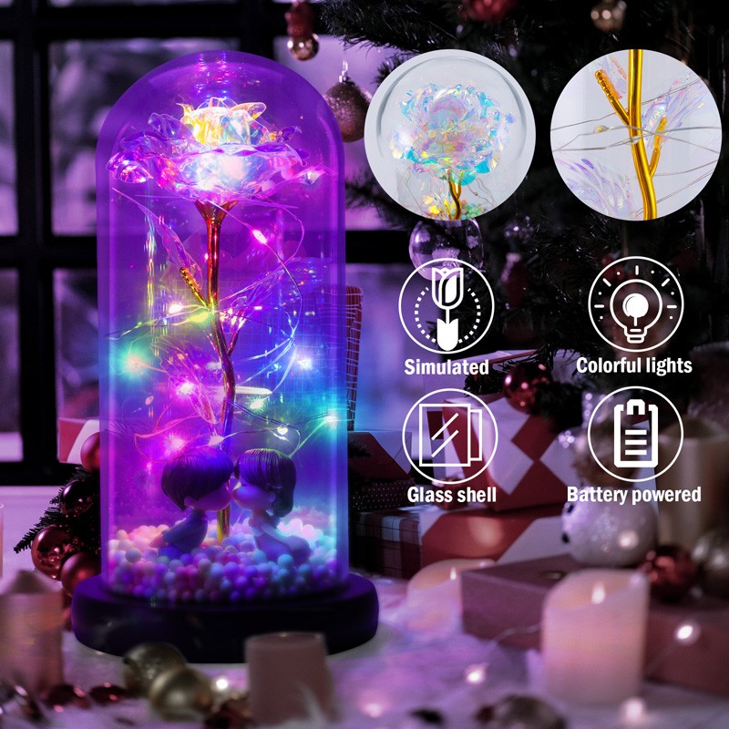 Rose Flower In Crystal Glass Dome RGB LED Light Up Rose Lamp Gift for Girlfriend