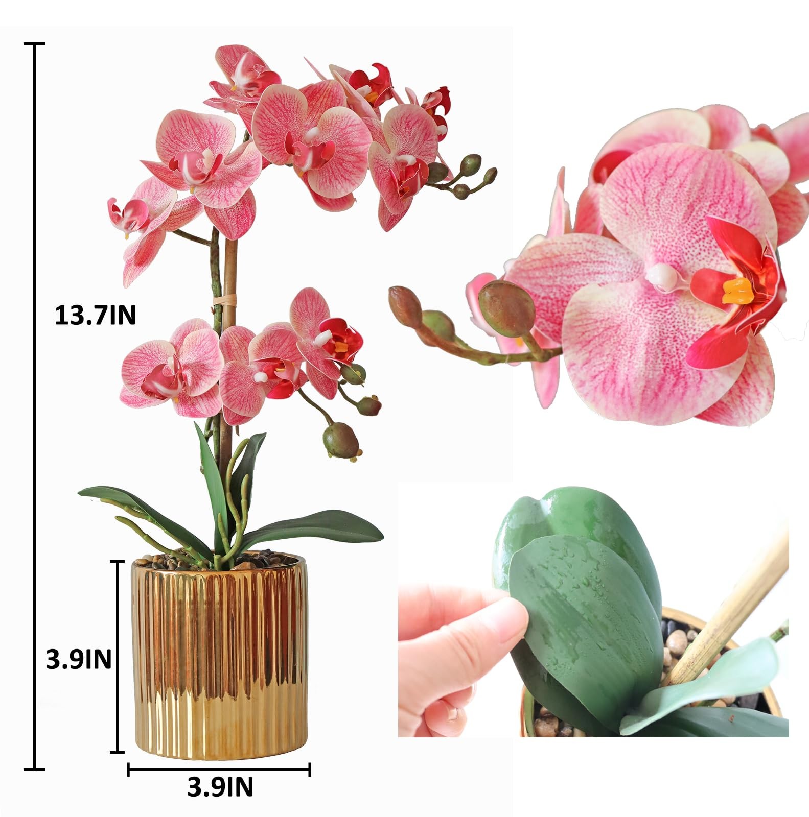 Pink Orchid Artificial Flowers Real Touch Indoor Orchid Plants with Gold Cera…