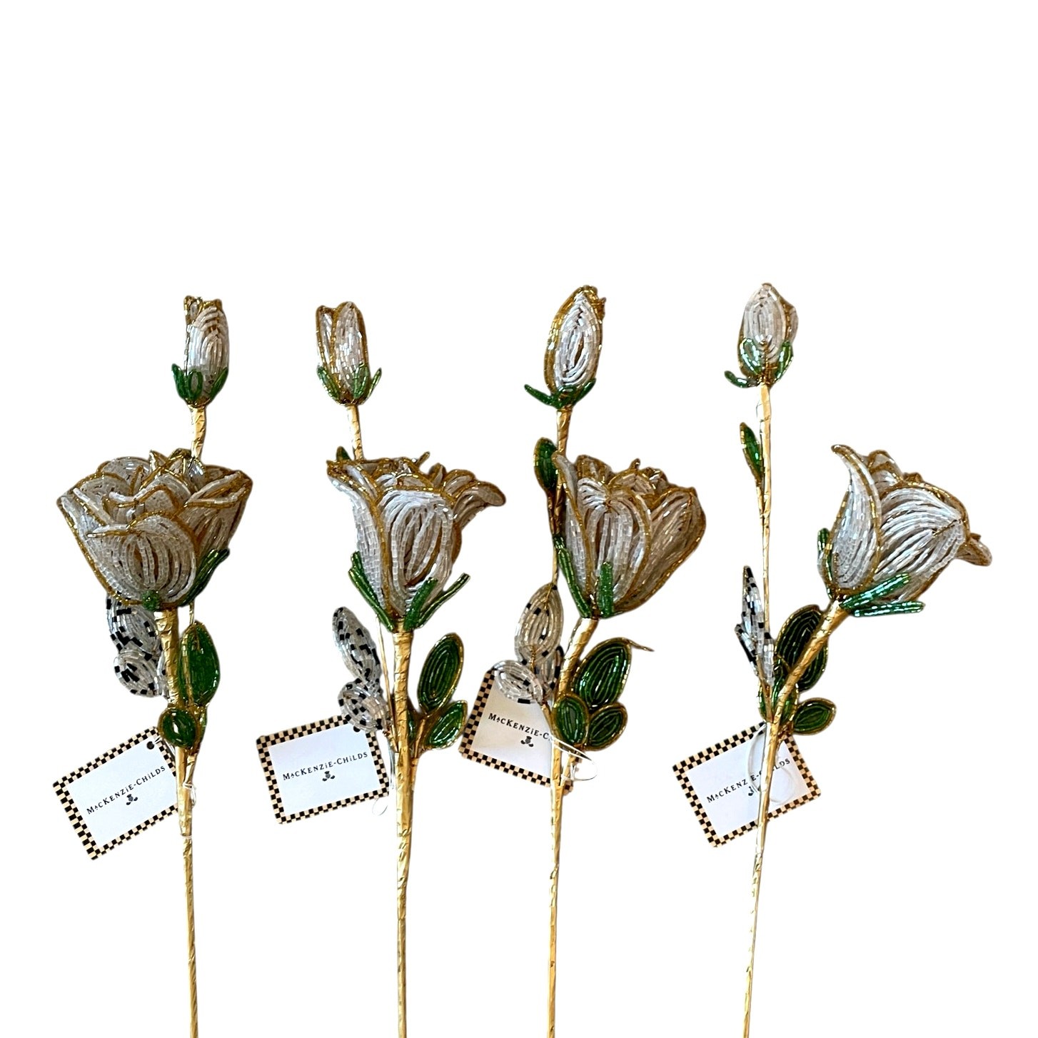 Brand New Mackenzie-Childs White Rose Beaded Stems, Set of 4