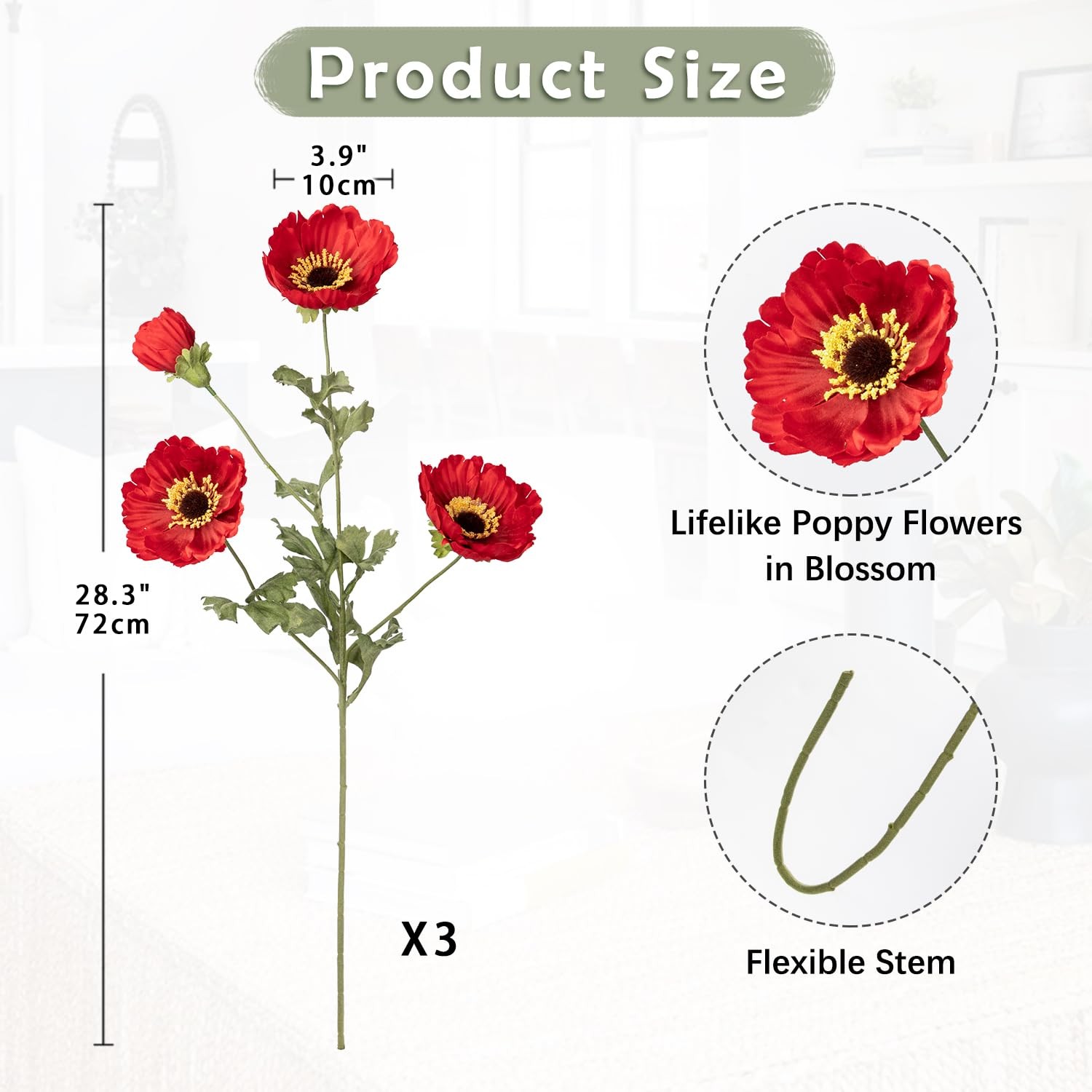 28.3″ Red Artificial Flowers Poppy Flowers 3Pcs Silk Fake Poppy Flowers Real …