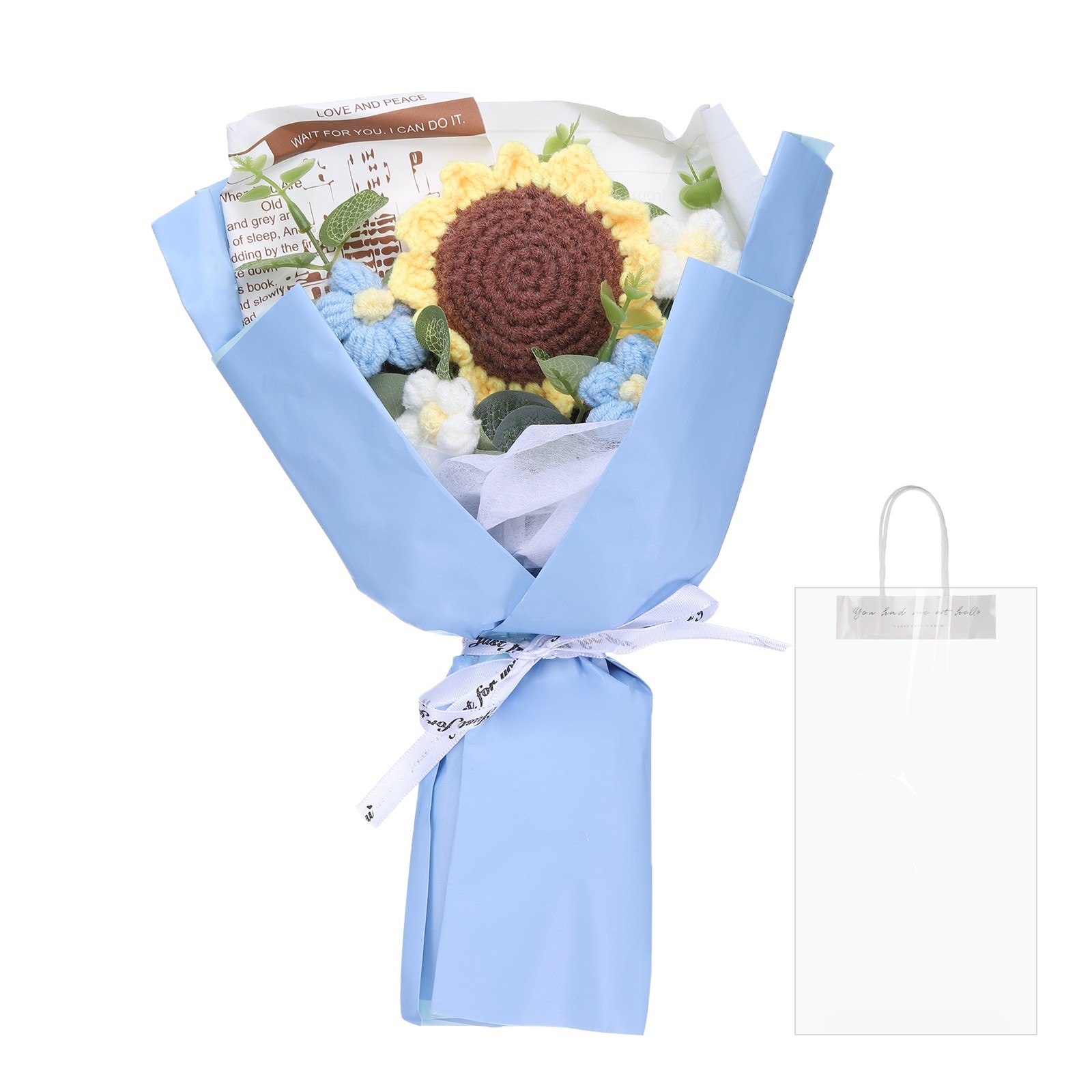 Blue Crochet Sunflower Bouquet Handmade Knitted For Mother’s Day Birthday