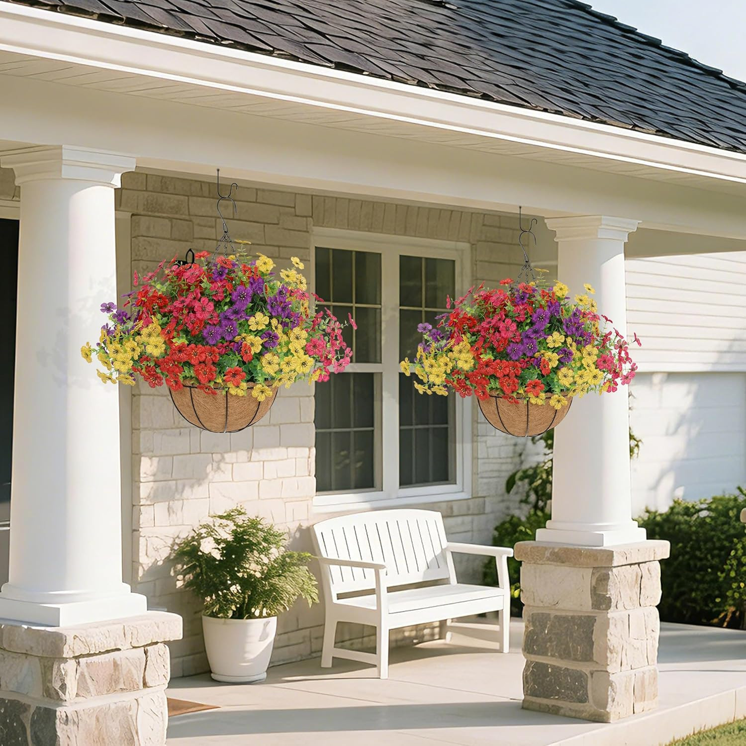 UV Resistant 2 Set Faux Hanging Flowers with Basket for Outdoor Decor