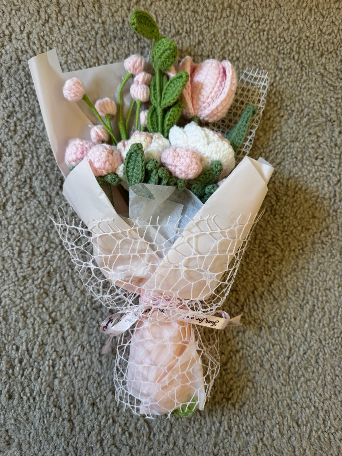 Artificial Tulip Flower Bouquet Floral Wall Decor Pink White Green Mesh Ribbon