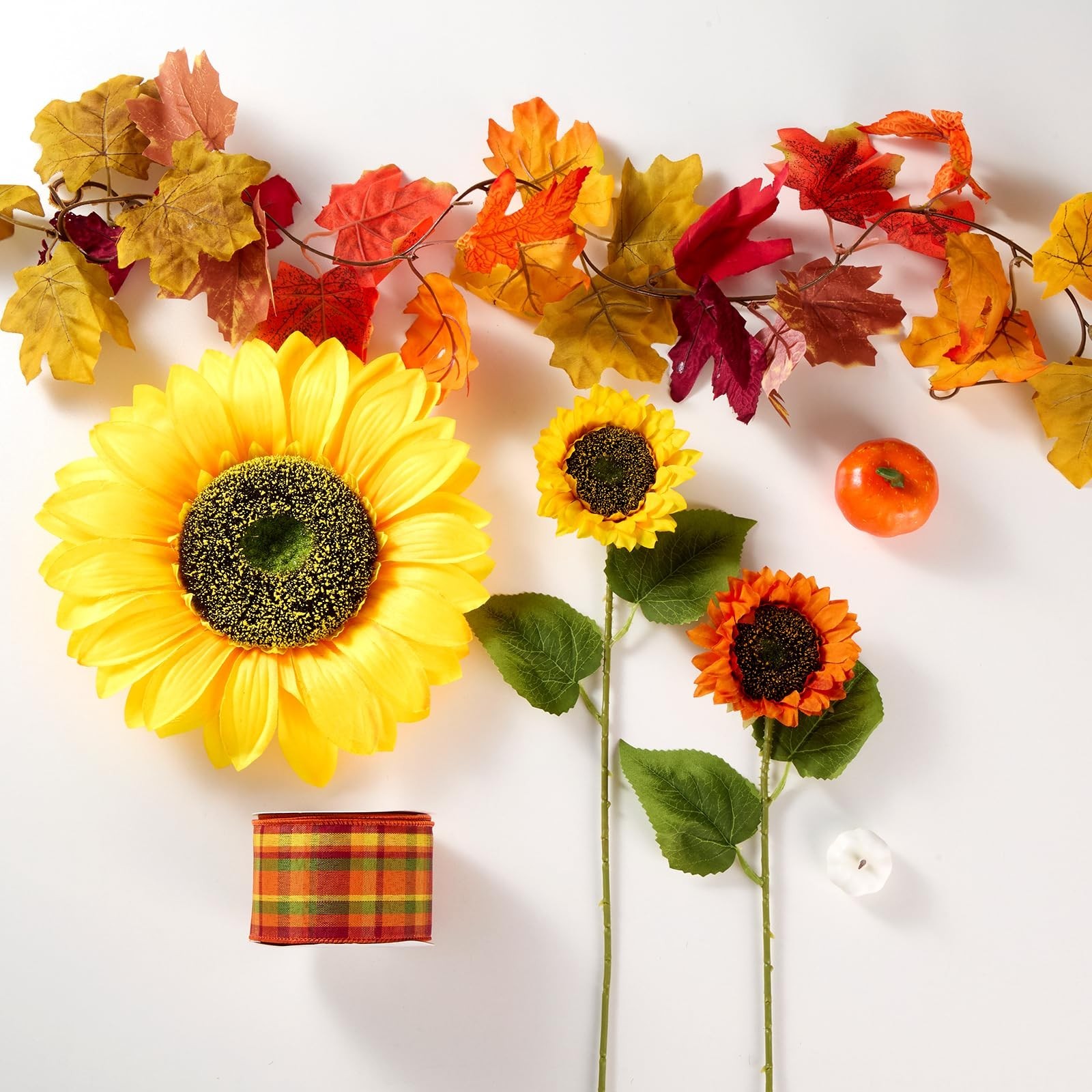 39 Pcs Fall Maple Leaf & Sunflower Decor Set, 2.5″ Leaves, 9.8 Yd Ribbon, Autumn
