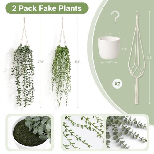 2Pcs Artificial Hanging Plants Macrame Hanger Pots Indoor Wall Home Decor |