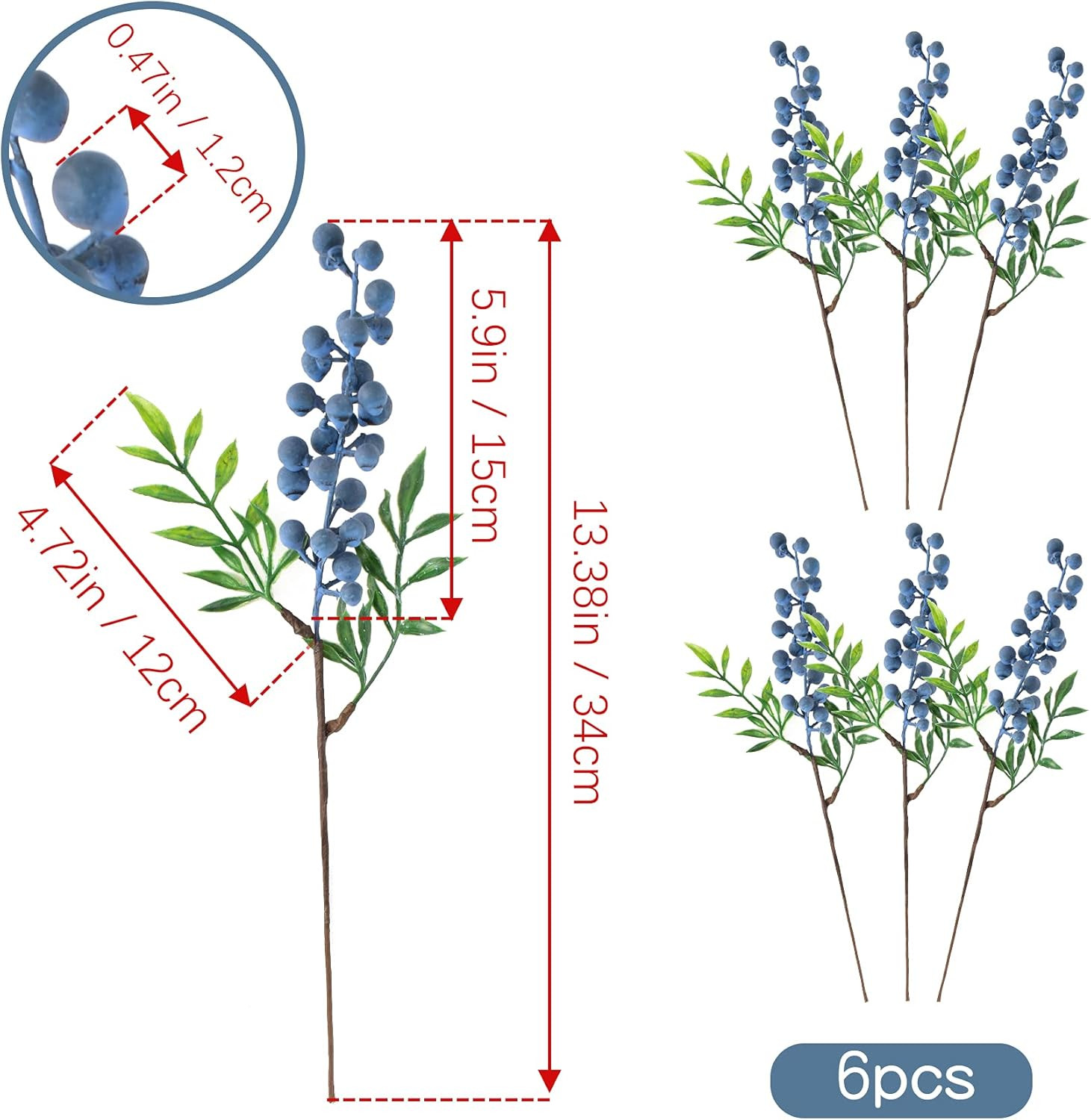 Artificial Berries, 6 Pcs Simulation Flowers Lifelike Blueberry with Stems Fake