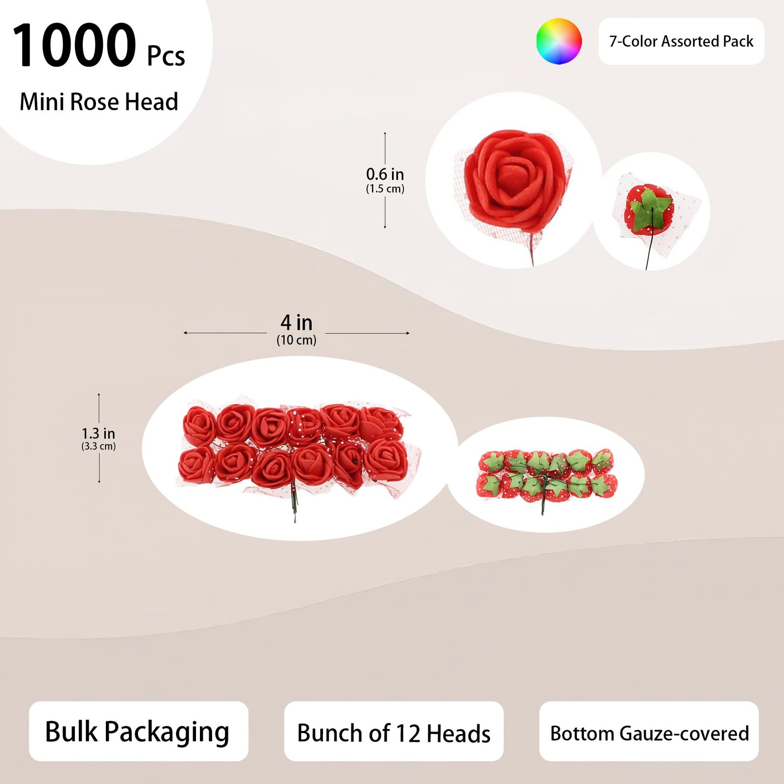 1000 PCS 0.6 Inch Mini Fake Rose Head Gauze Foam Artificial Flowers 7Color