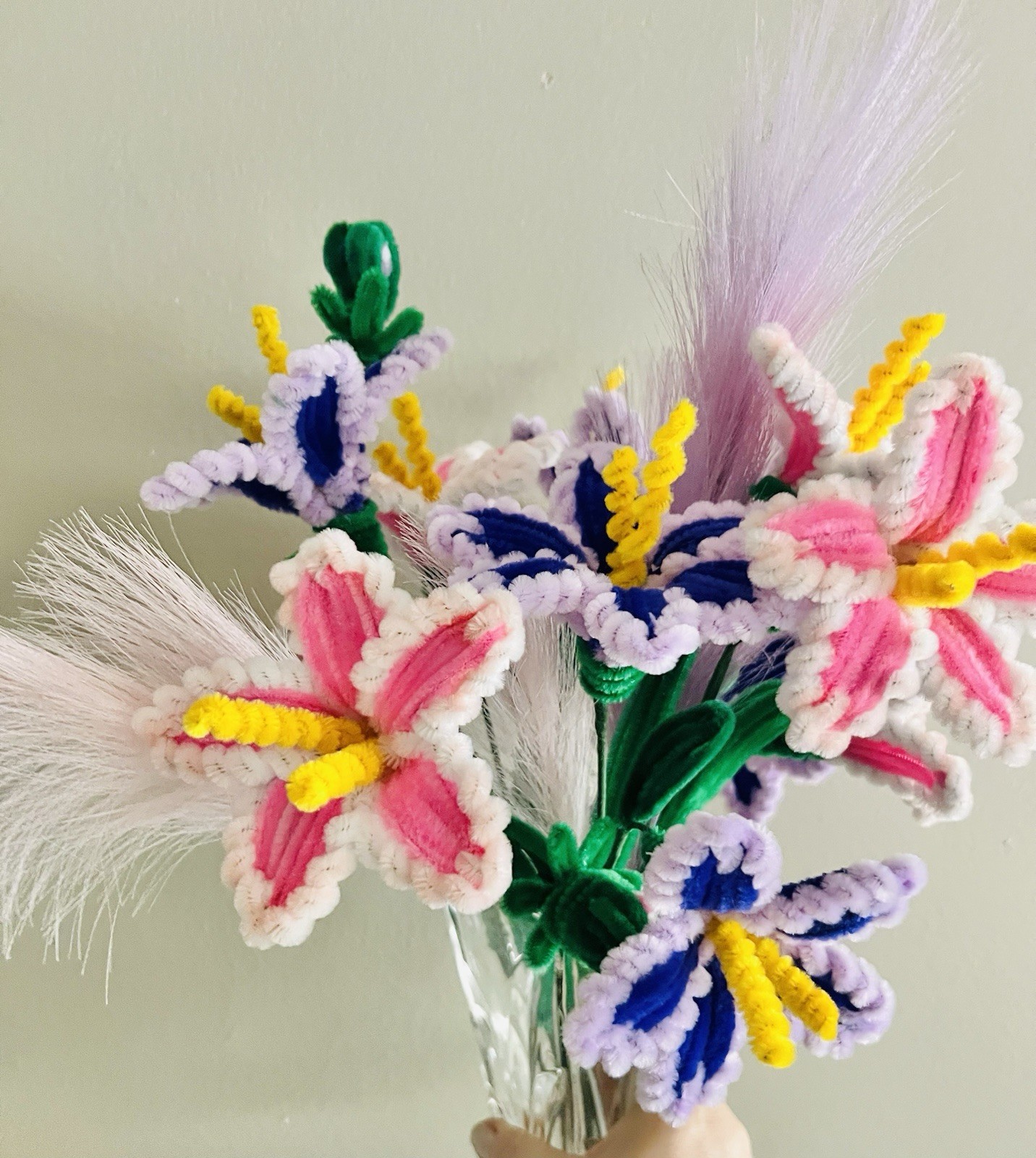 Original Handmade 6 pcs Pipe Cleaners Flowers Branches In The Vase .
