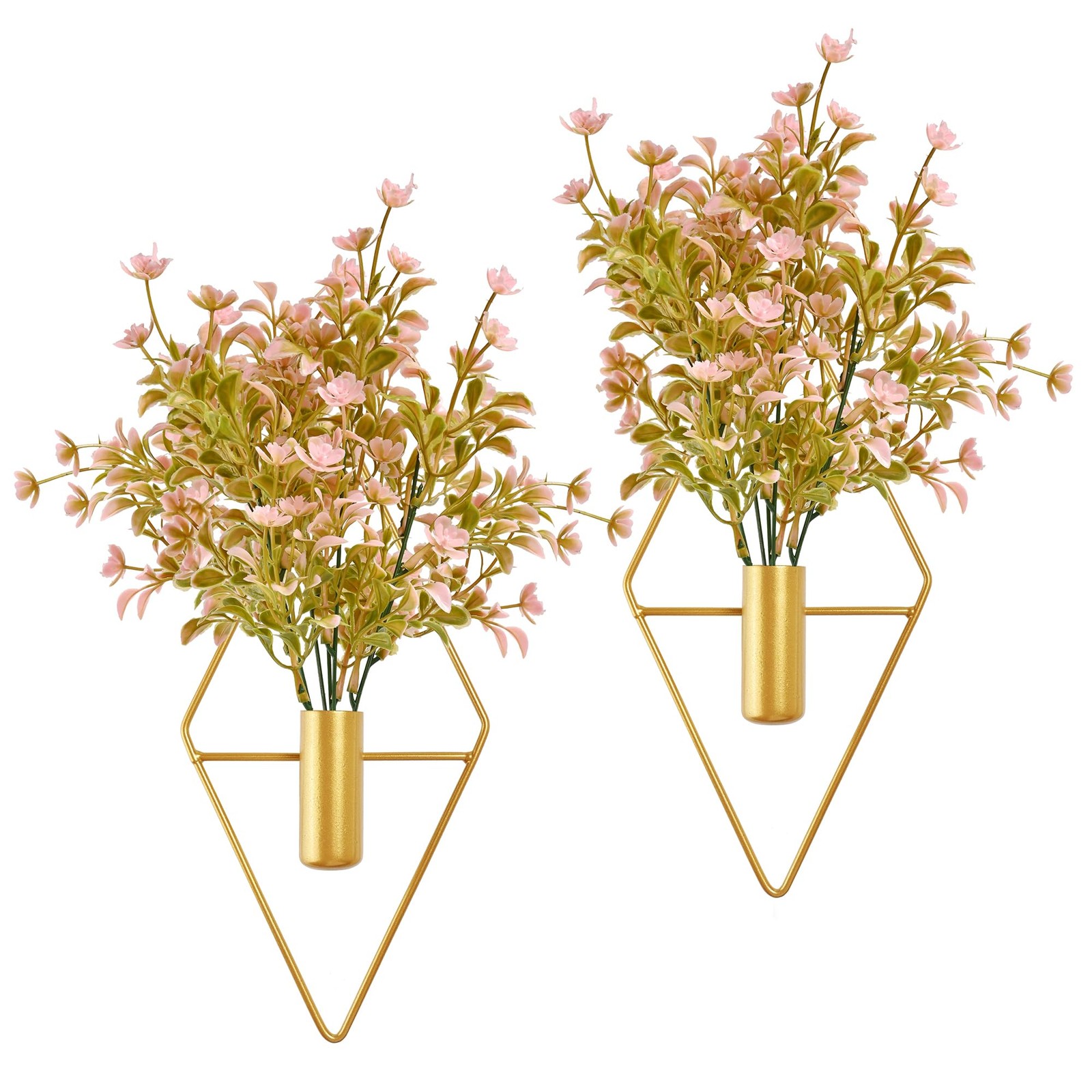 Plant Wall Decor with Pink Artificial Flowers in Diamond Hanging Vase Set of …