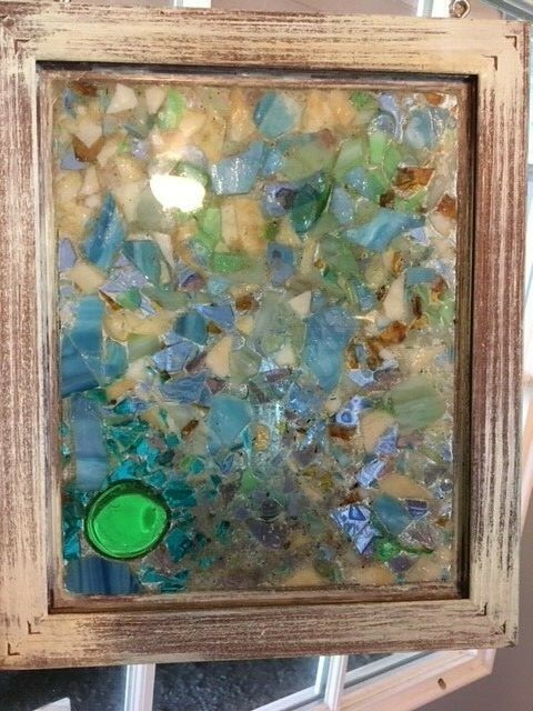 SHABBY CHIC FRAMED GLASS MOSAIC W/MASON JAR ATTACHD TO HOLD FRESH FLOWERS