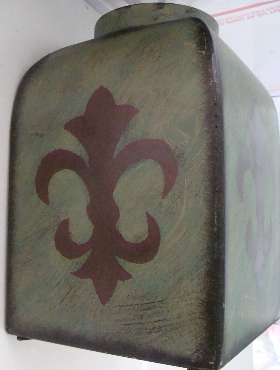 Hobby Lobby Metal Fleur di Lei Green Brown Vase Urn Tin Decorative Floral Hearth