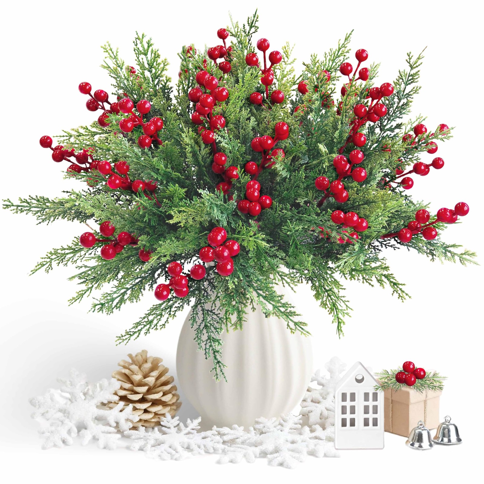 4 Bundles 84 Pcs Christmas Artificial Flowers,Faux Norfolk Pine Branches with…