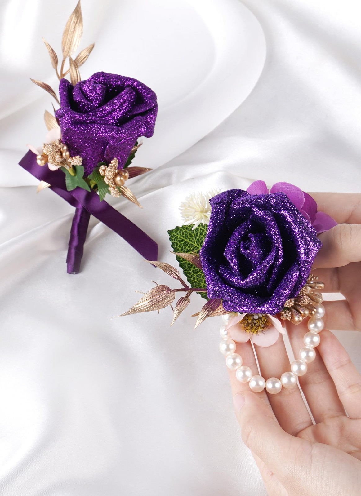 Purple Rose Boutonniere and Corsage Set – 2 Pcs Artificial Flowers Wrist Cors…