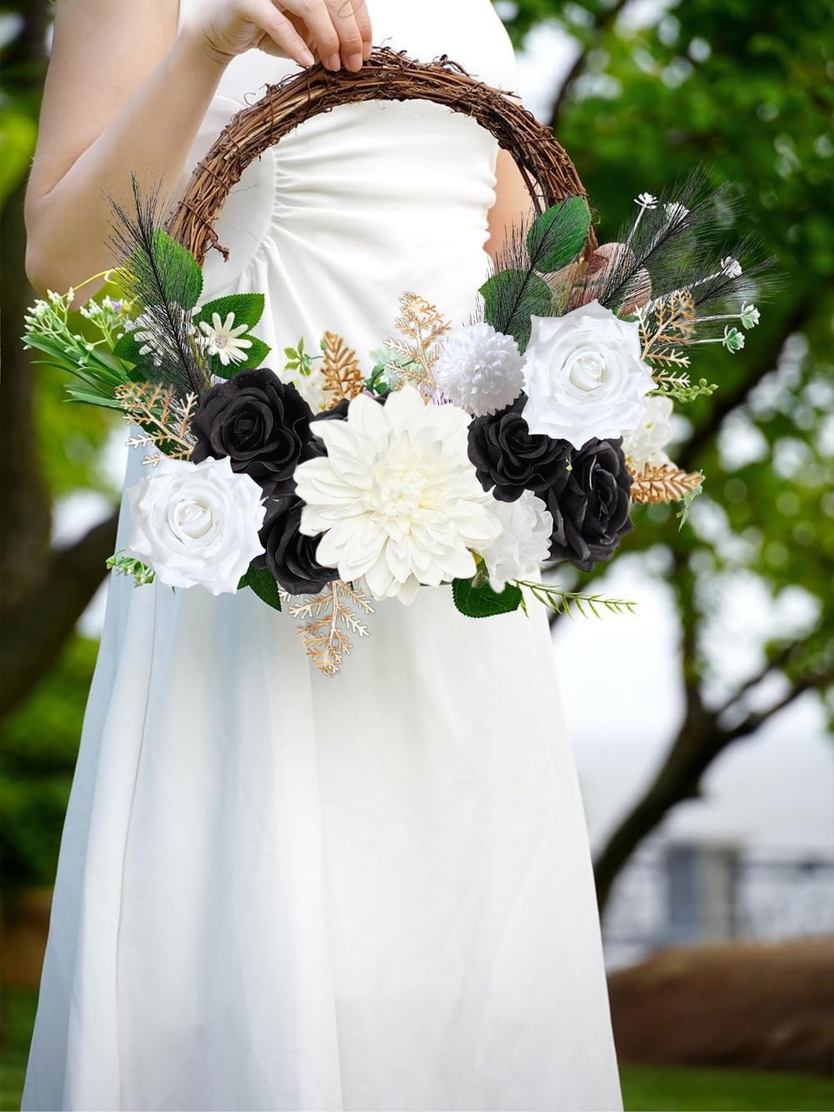 Black White Flowers Artificial Combo Set Mix Silk Flowers Dahlia Roses with S…