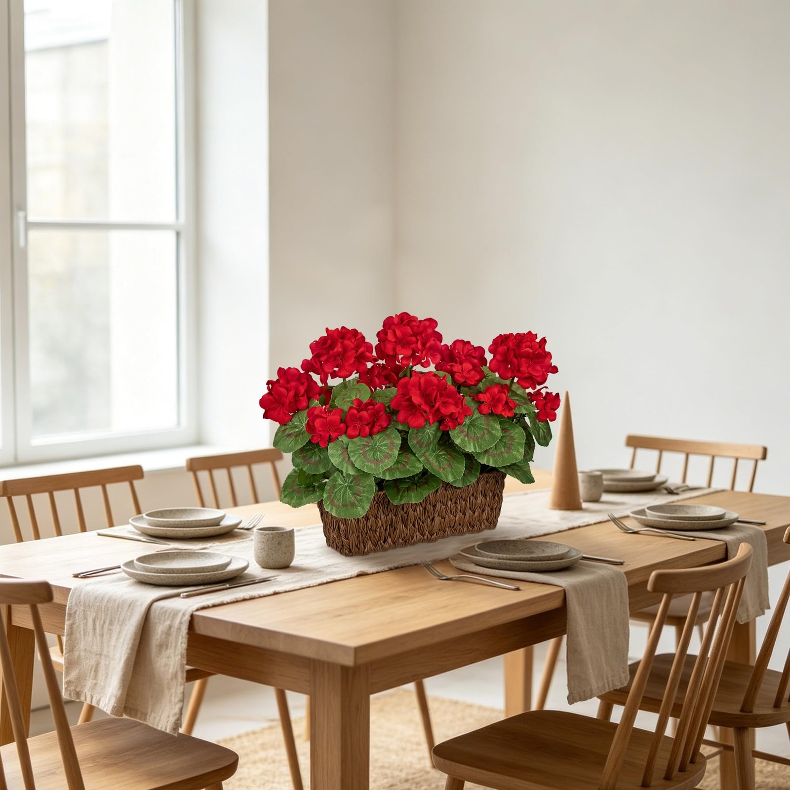 Briful Artificial Geraniums Flowers in Woven Basket Planter, Real Faux Red Si…