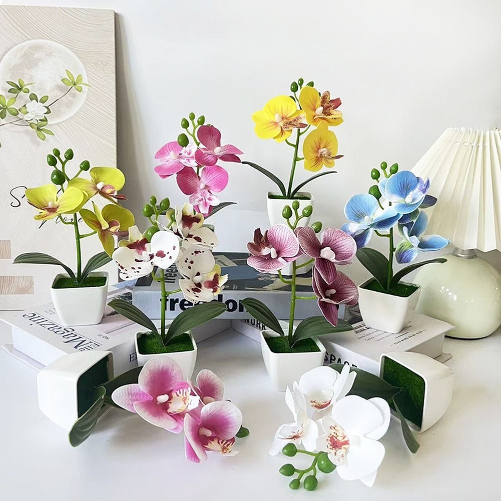 Artificial Orchid Arrangement 3 Bloom 7.09in with Square Pot for Living Room