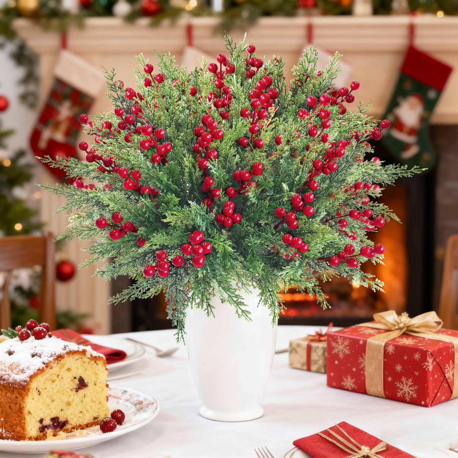 4 Bundles 84 Pcs Christmas Artificial Flowers,Faux Norfolk Pine Branches with…