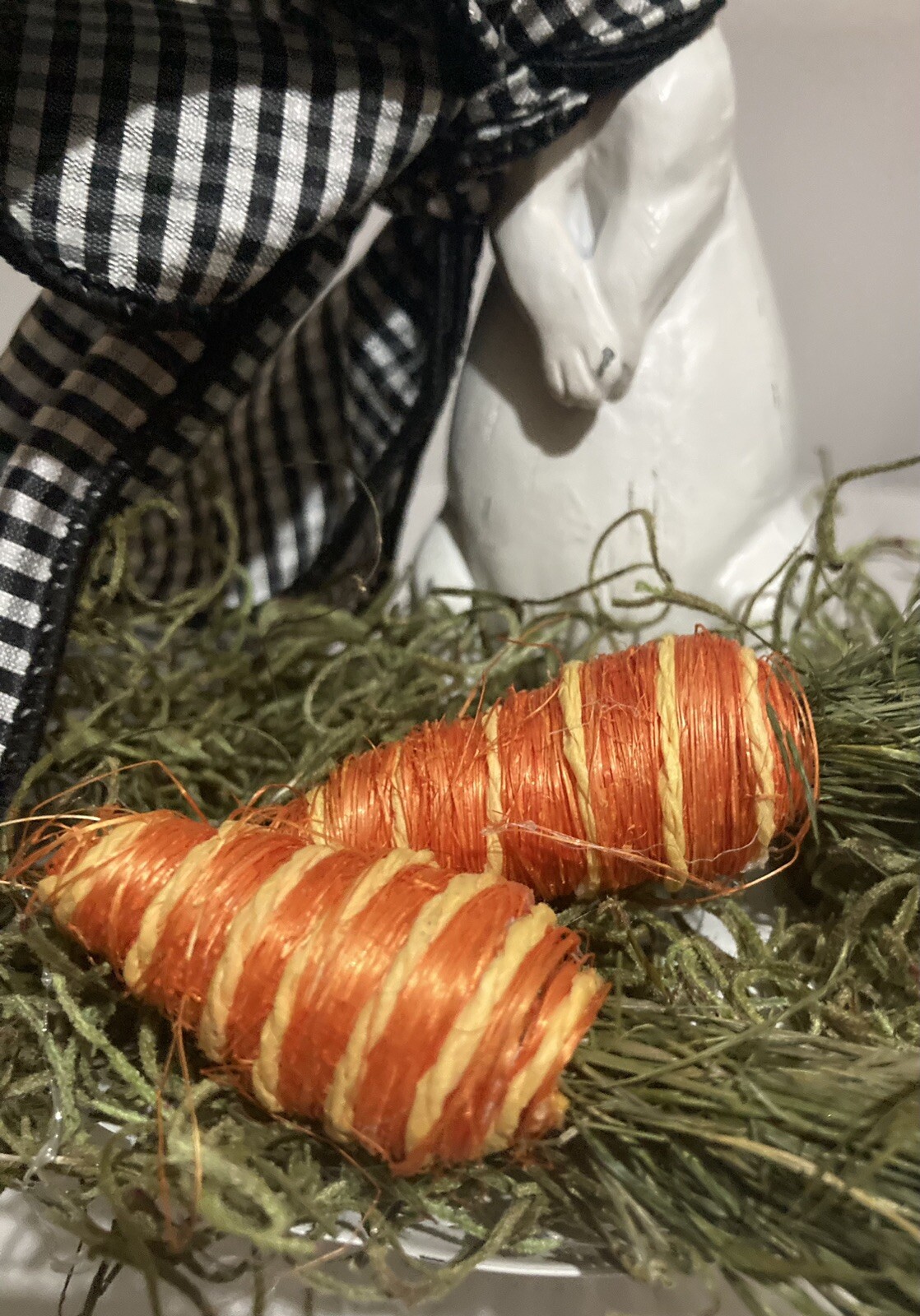 White Bunny With A Black And White Checked Scarf Floral Arrangement