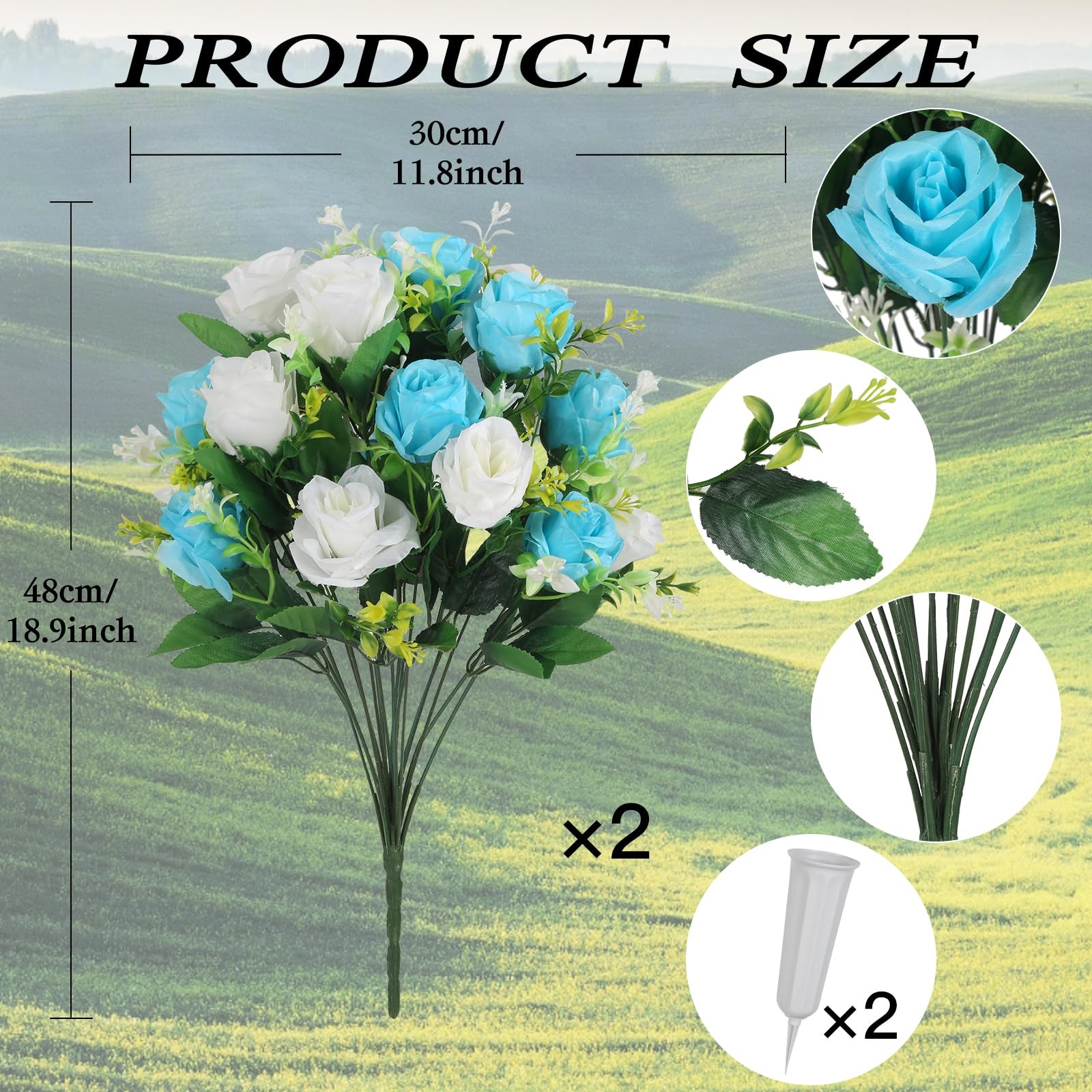 Cemetery Flowers with Vase 2 Pack Artificial Flowers for Cemetery, Silk Roses…