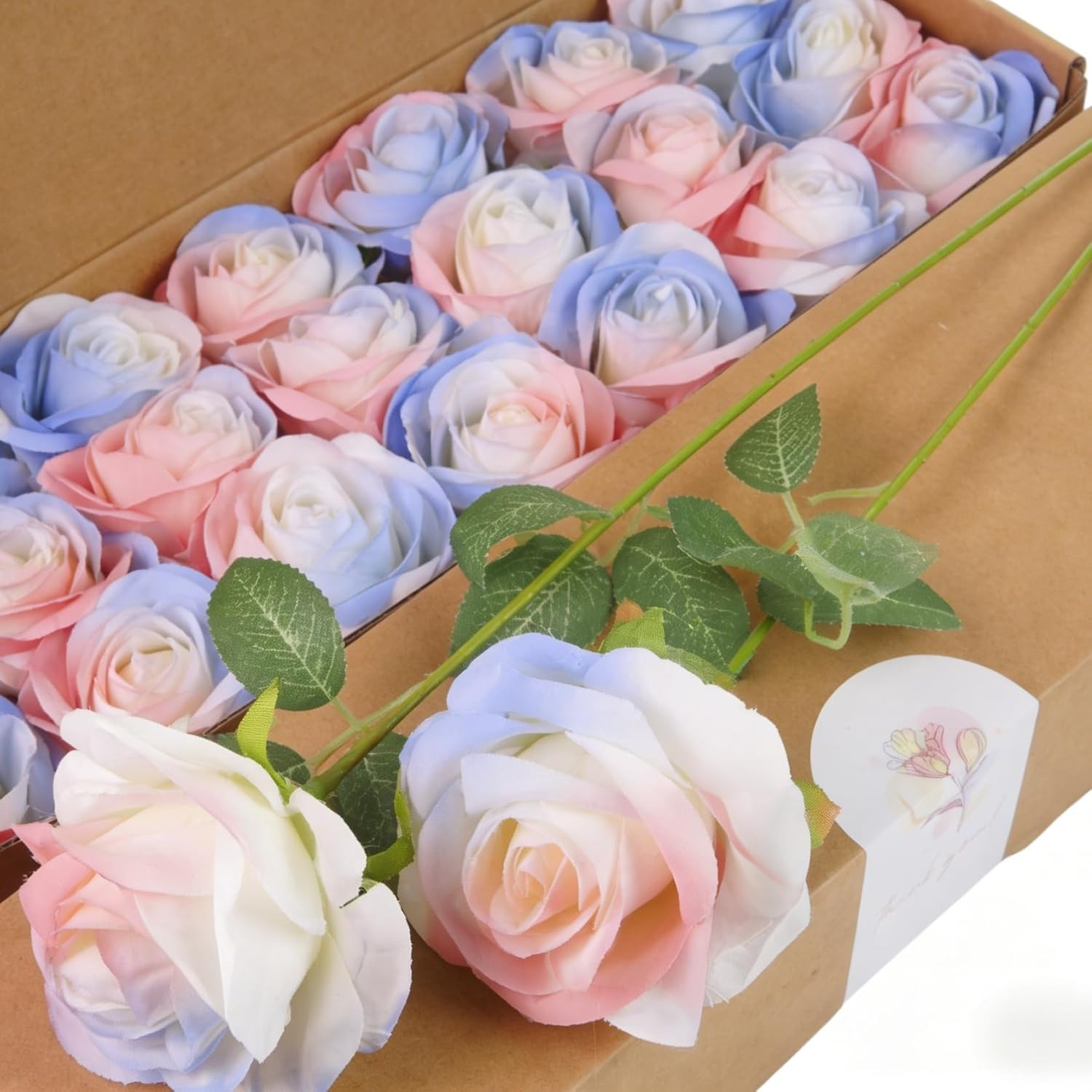 Pink Blue Mix Artificial Roses Fake Flowers Not Bend the Peduncle with Stems for