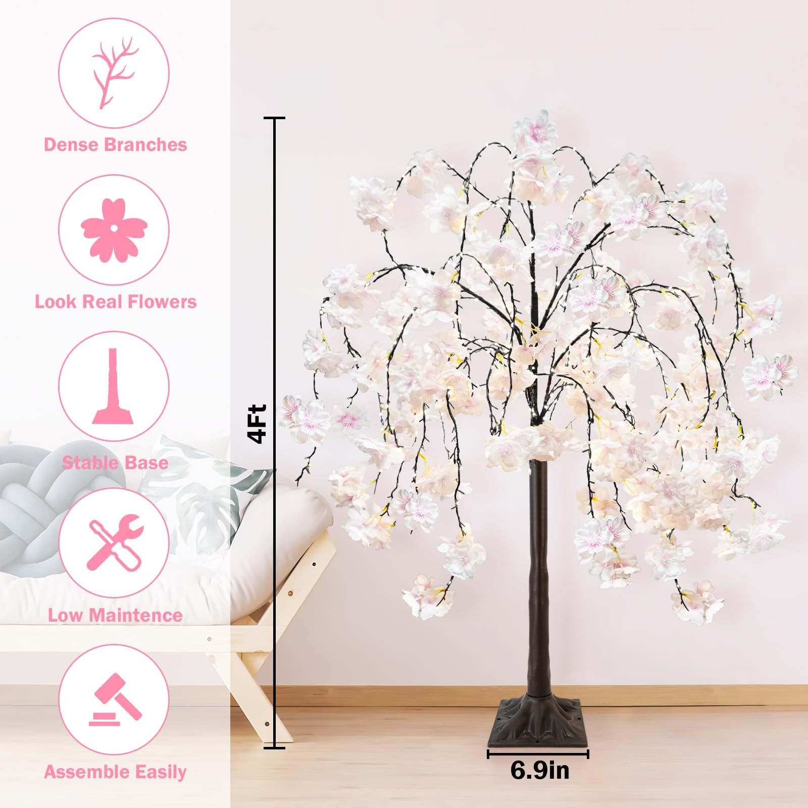 obbsie 4FT Cherry Blossom Tree with 360 LED Fairy Lights Artificial Lighted T…
