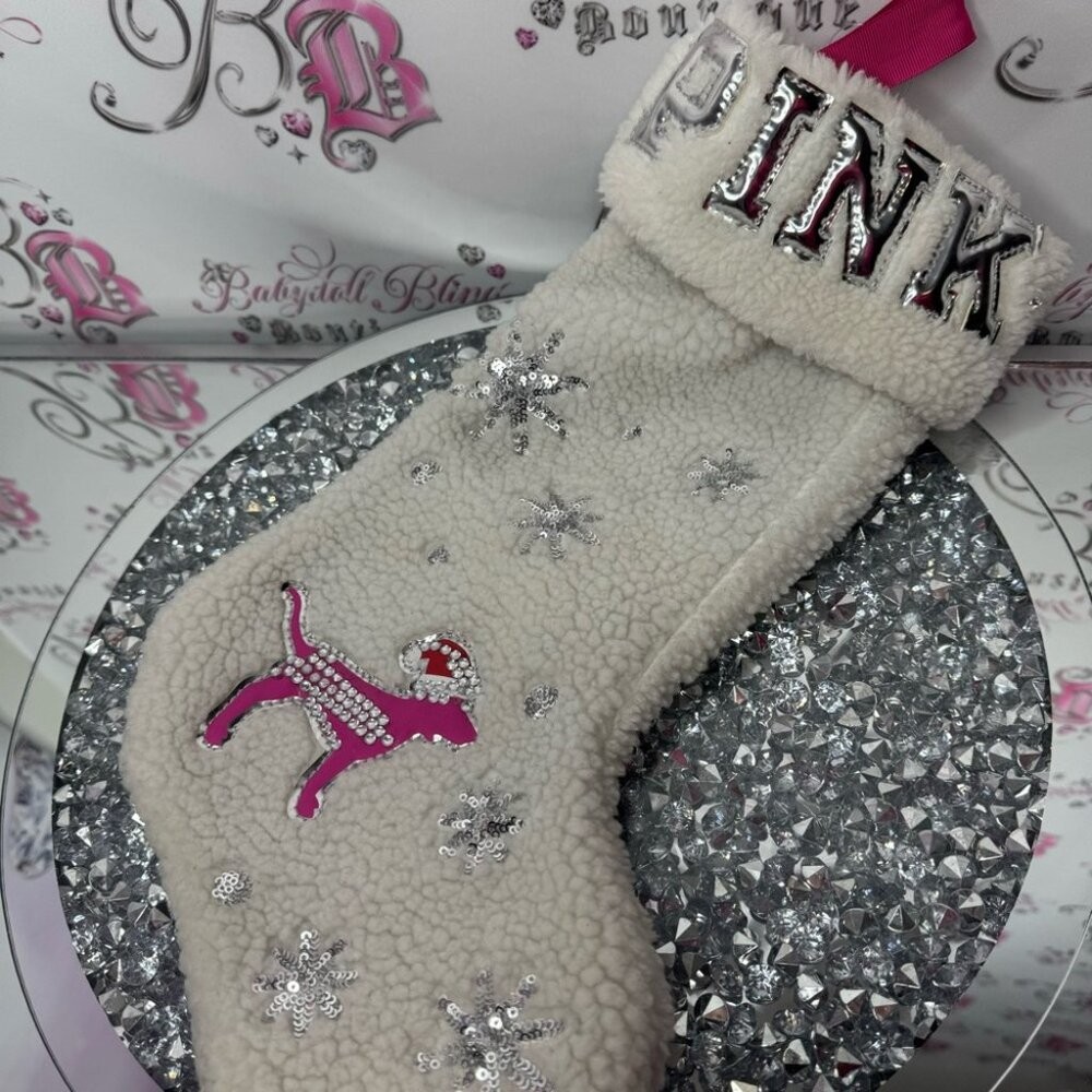 Victoria secret pink stocking Christmas Sherpa 2019 bling diamonds dog rare Xmas