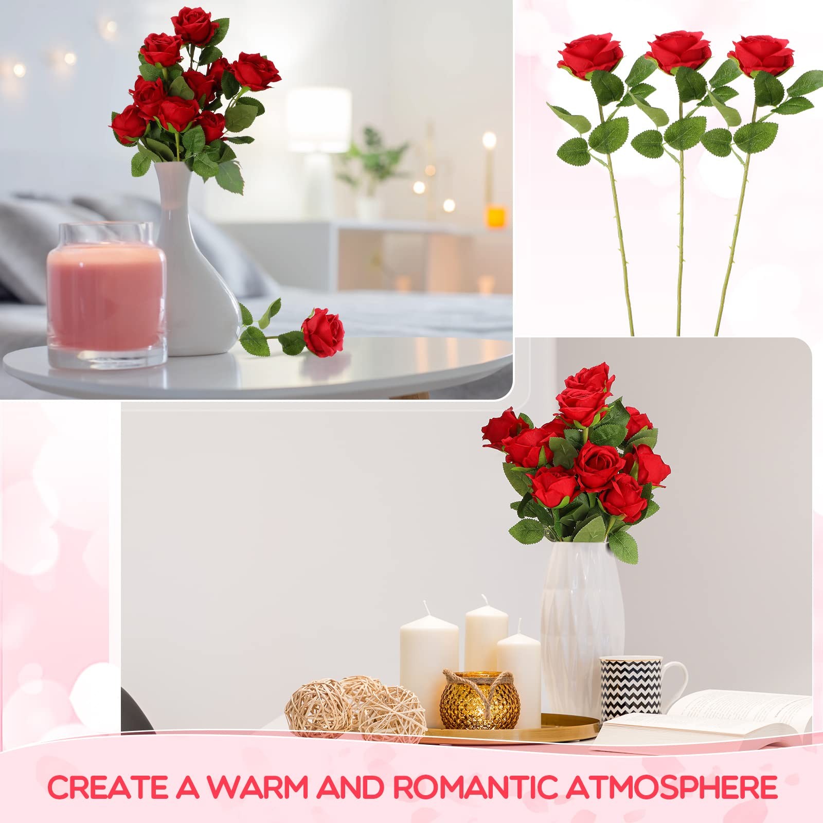 50 Pcs Artificial Rose Flower Bulk Realistic Silk Fake Roses with Long Stem P…