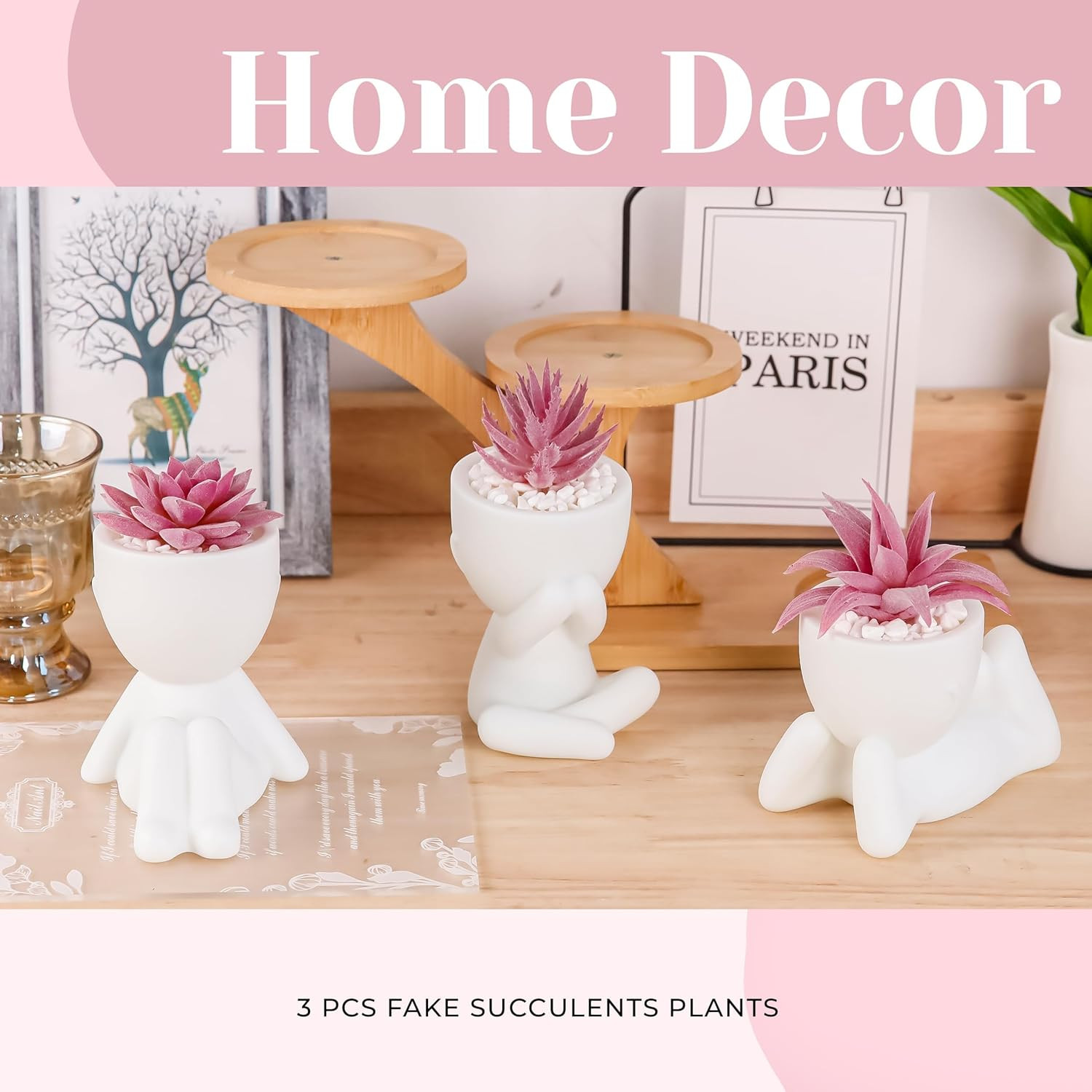 Der Rose 3 Pcs Fake Succulents Plants Artificial Pink Room Office Desk Decor for