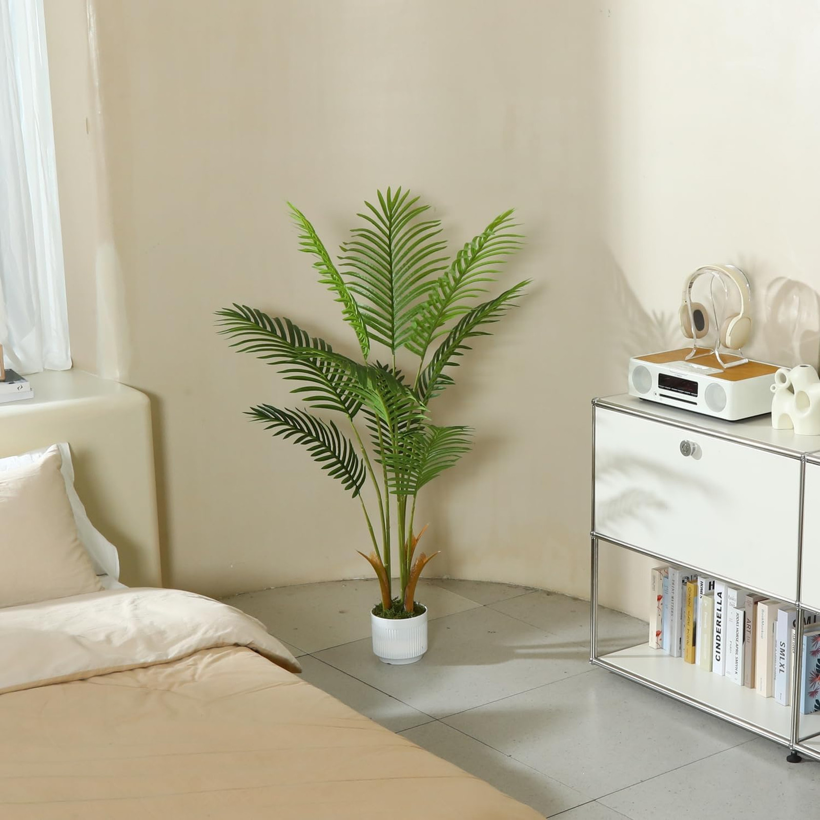 4Ft Artificial Palm Tree Indoor with White Pot, Realistic Leaves, Adjustable