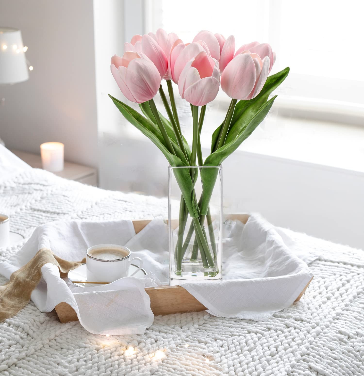 Pink Artificial Tulip Flower Fake Flowers Clear Vase Real Touch Arrangement