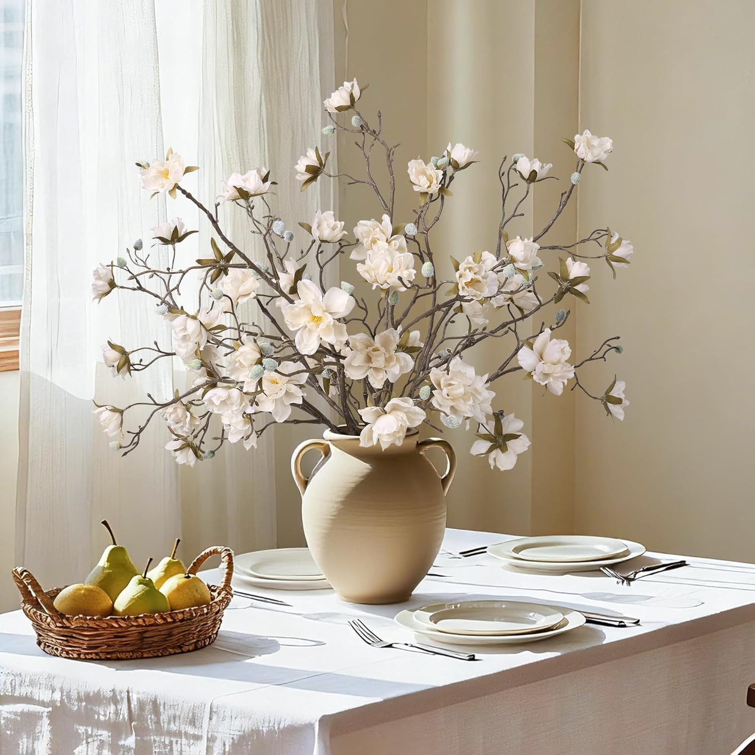 3PCS Artificial Magnolia Flowers Stems for Spring Decoration, Faux Champagne Mag