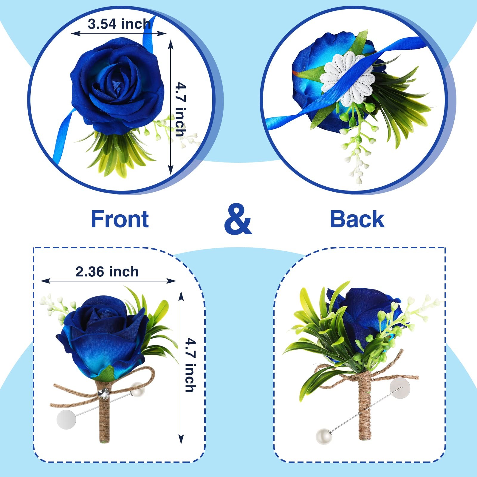 4 PCS Wedding Party Corsage Boutonniere Set Blue Rose Wrist Band Groom Men Decor