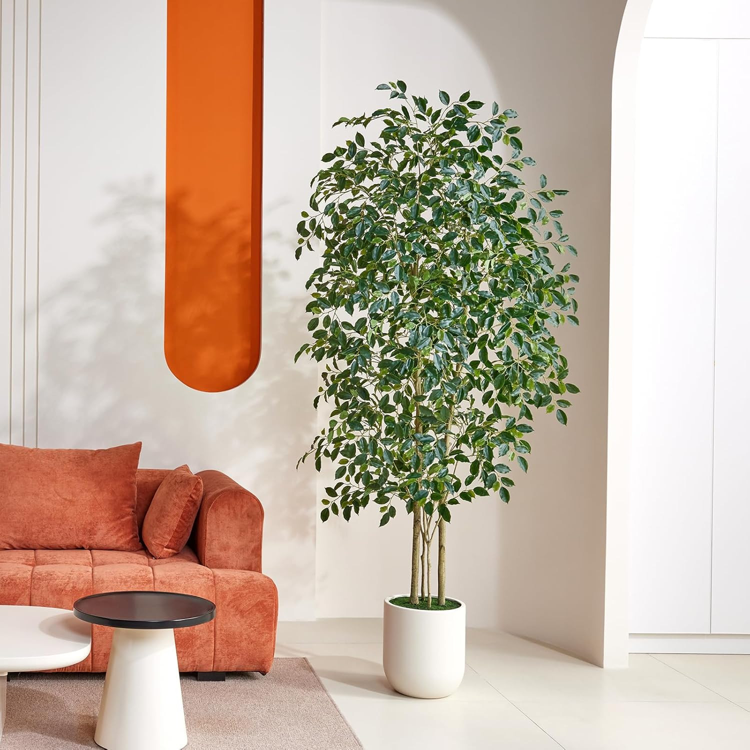 7FT Faux Ficus Tree in White Planter – Realistic Indoor Floor Plant Decor