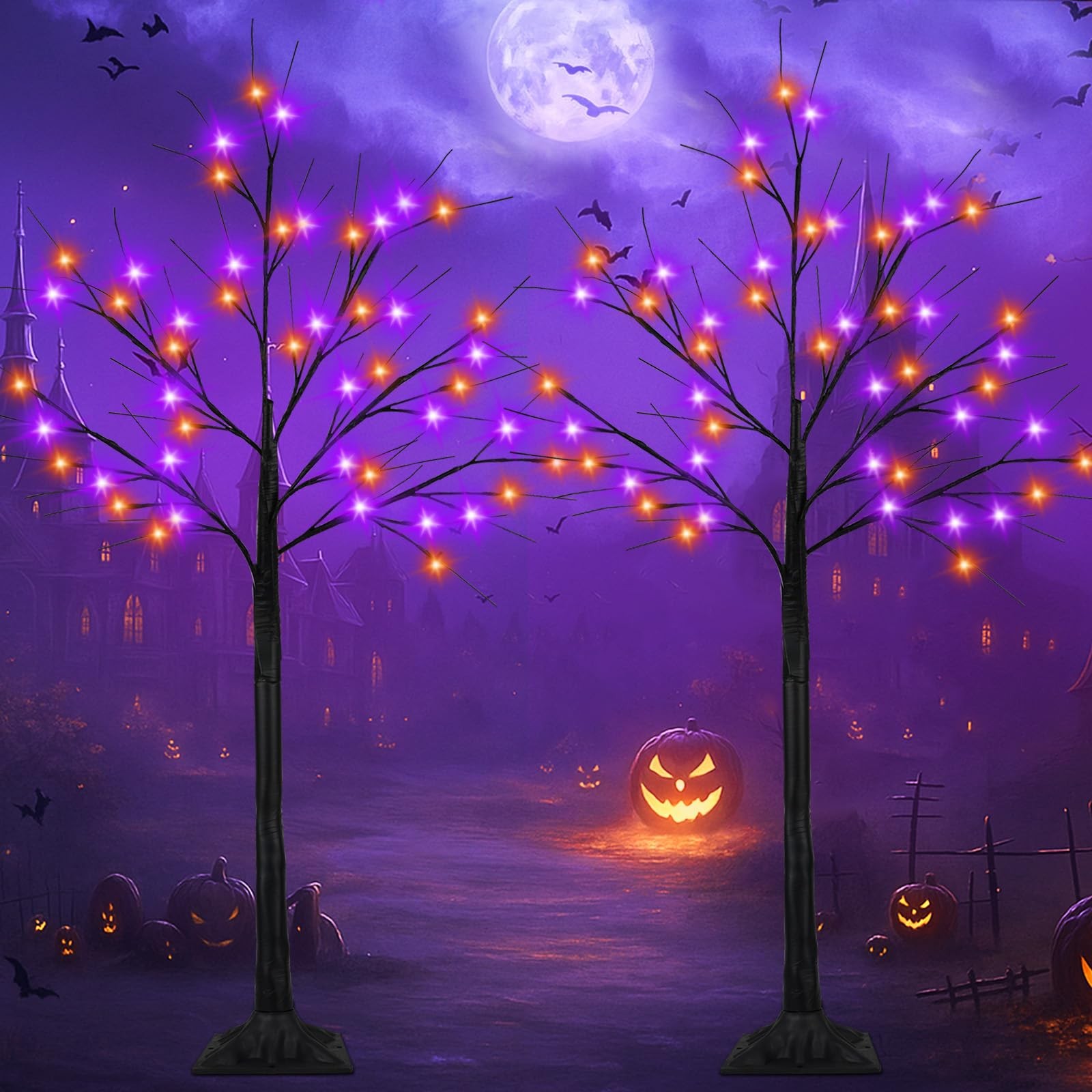 2-Pack 4FT Lighted Black Halloween Tree with 96 LED Orange & Purple Lights (H…