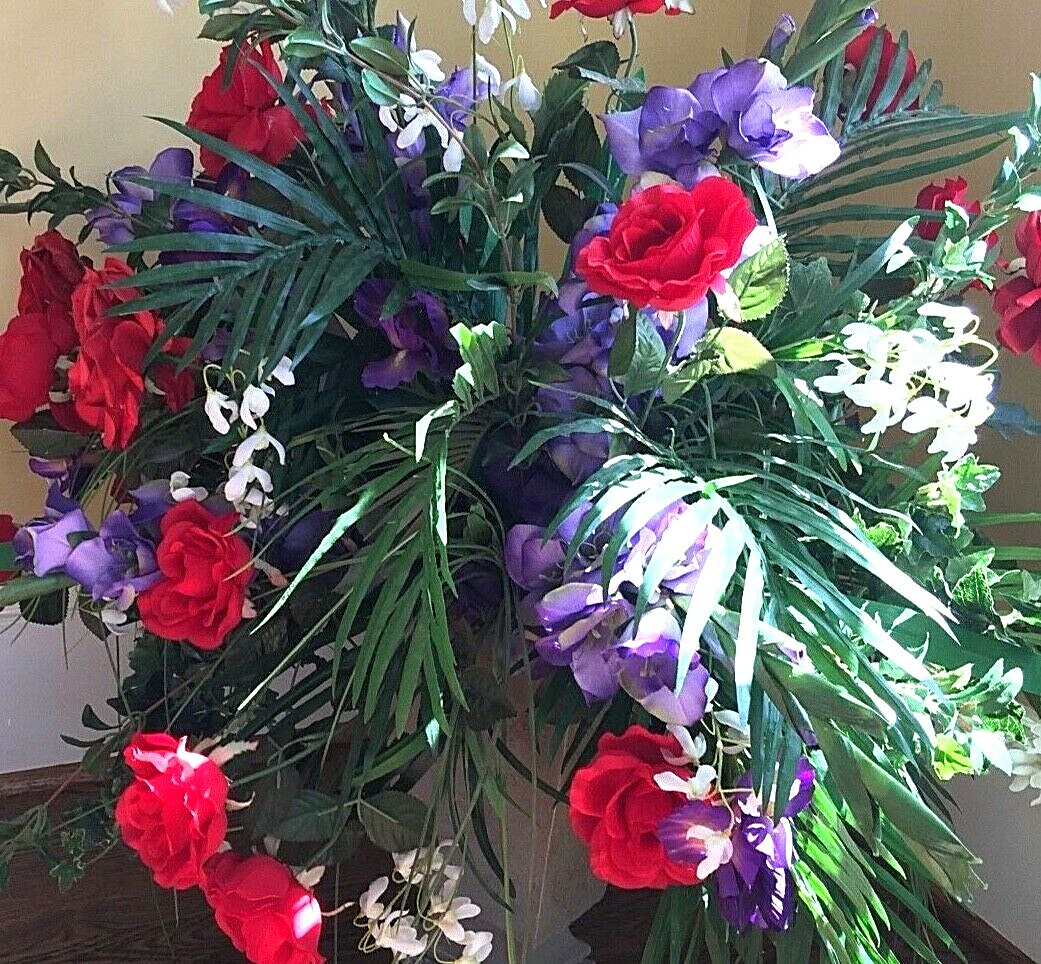 Large Silk Flower Centerpiece – Red Roses, Iris, Green Leaves – 37″x 33″