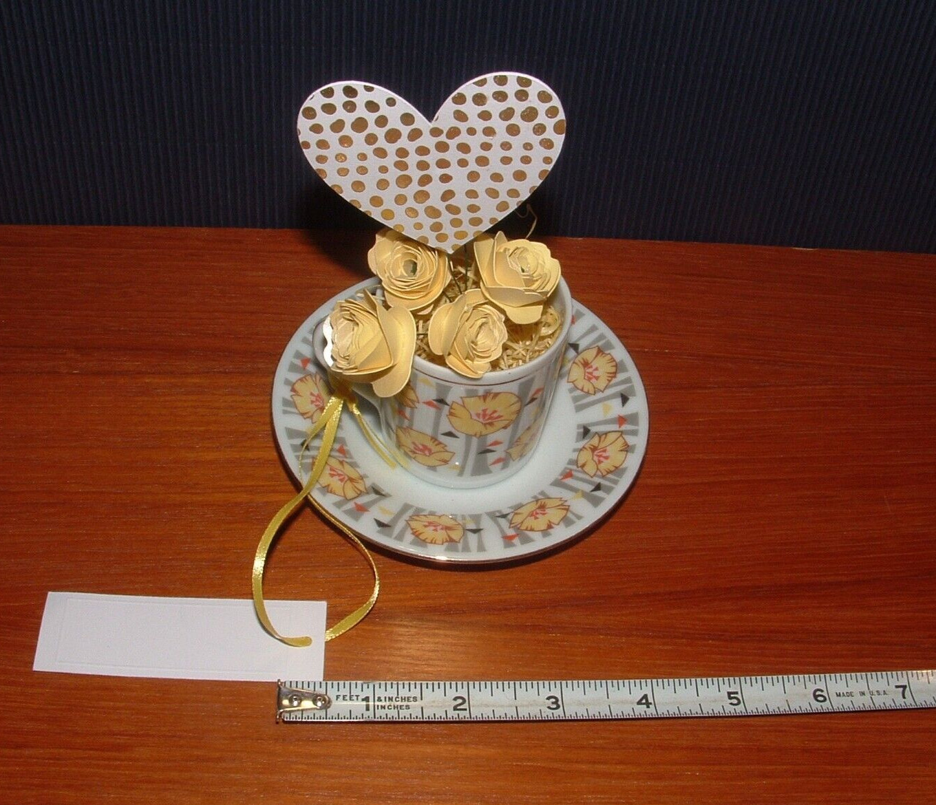 Paper Flower & Heart Handmade Bouquet, Small Teacup & Saucer Vase, With Gift Tag