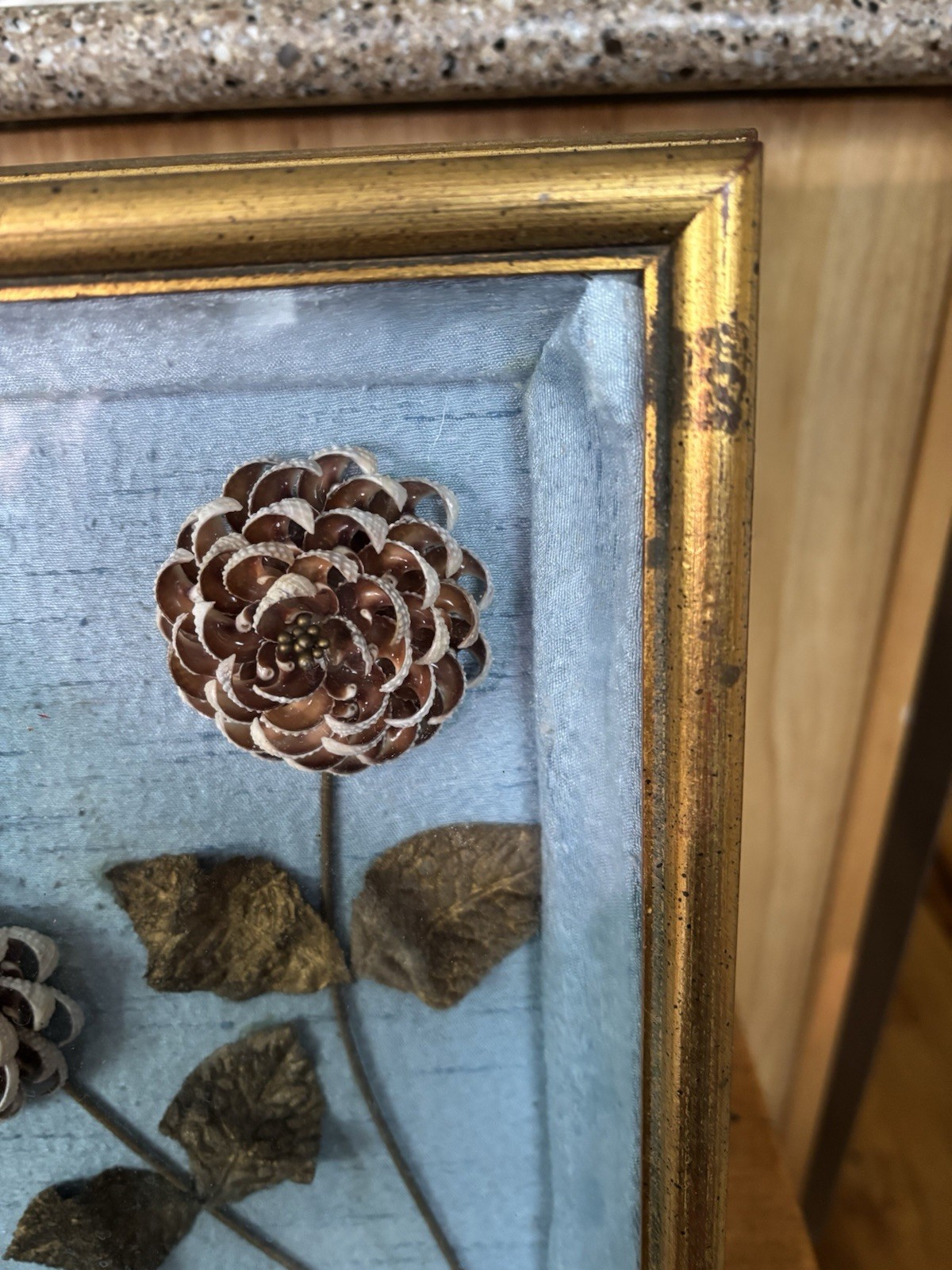 Vintage Mid Century Shell Art Flowers Shadow Box Framed 3D Seashell Floral c1950