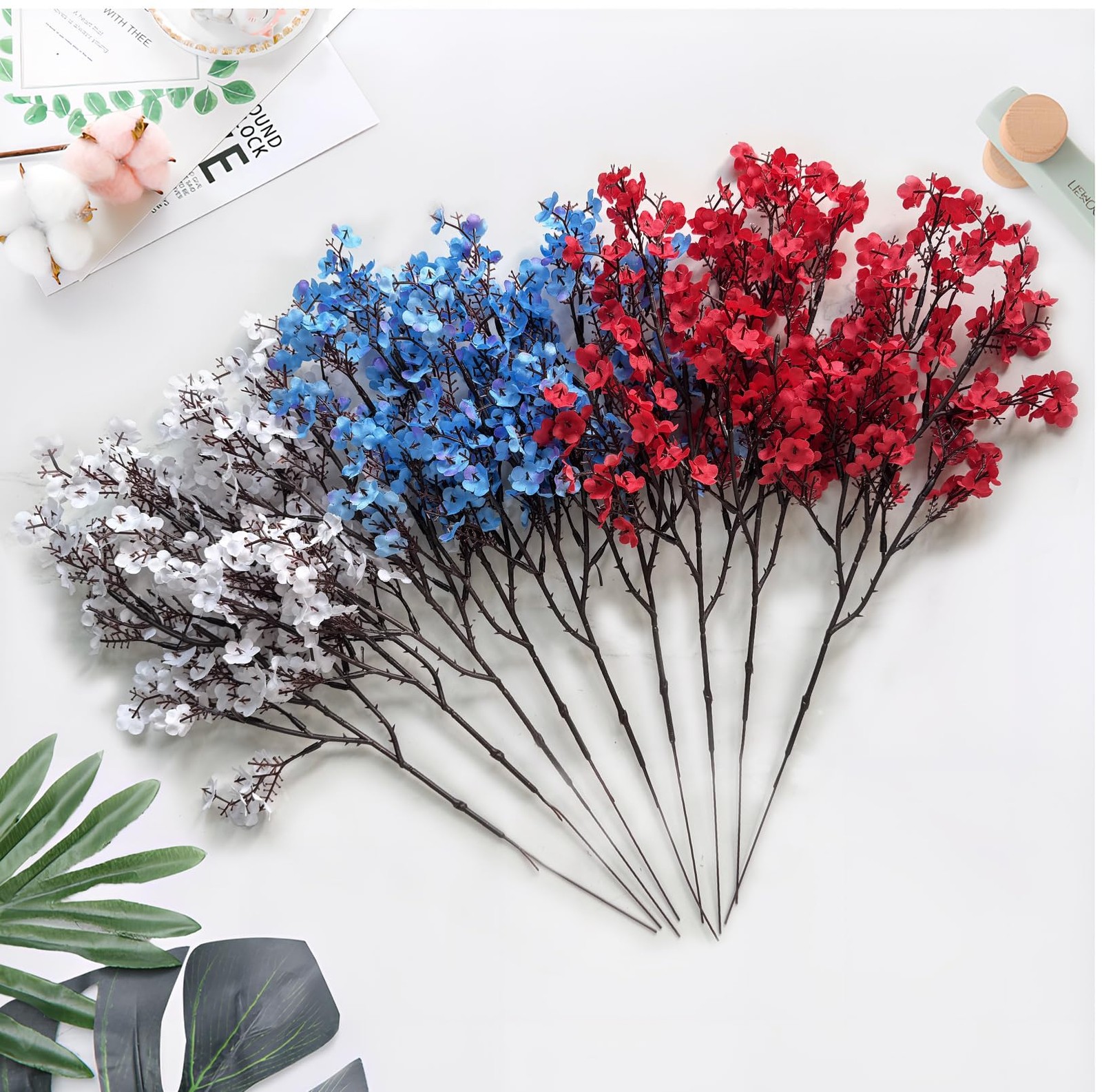 9Pcs 4th of July Baby’s Breath Artificial Flowers, Red White Blue Silk, Patri…