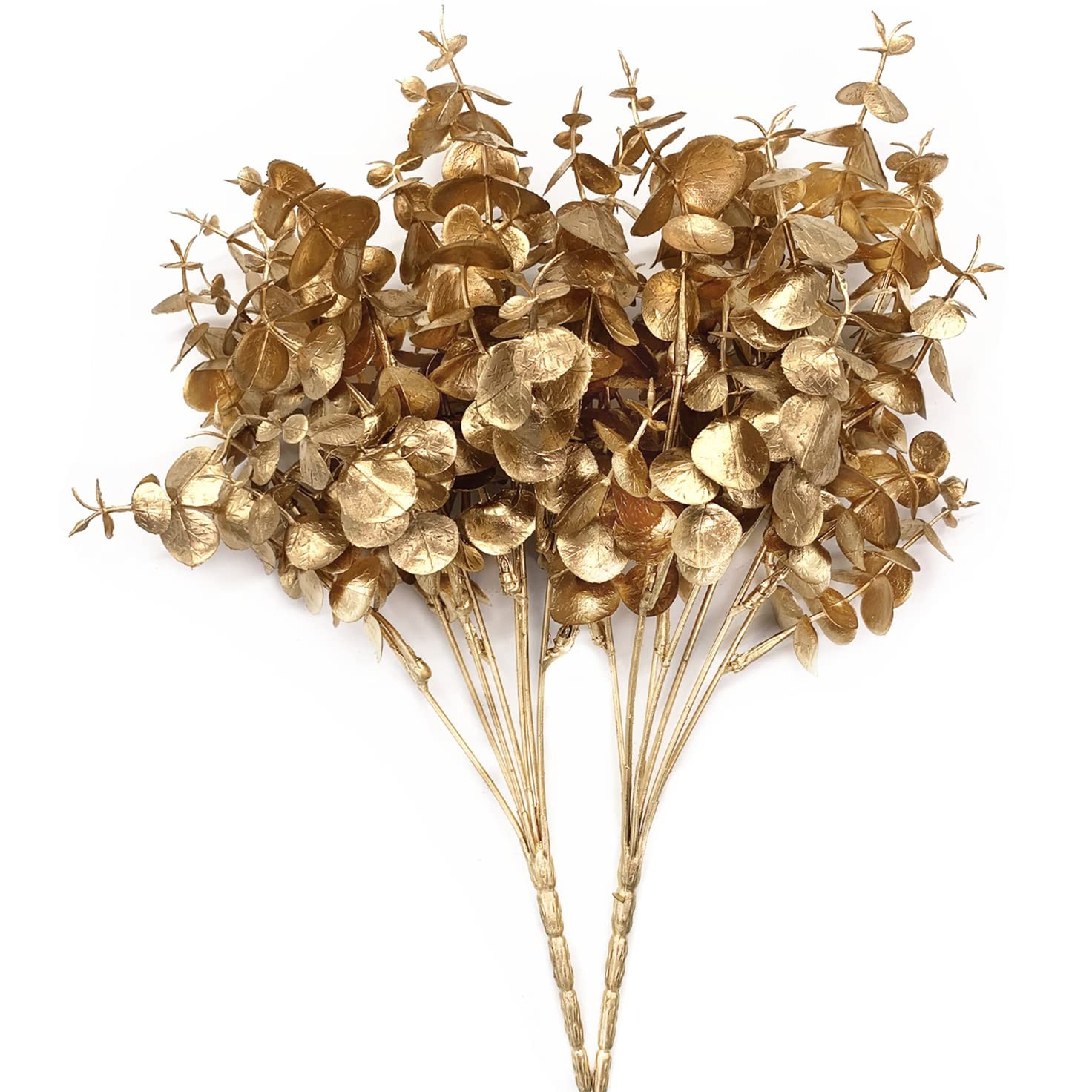 2 PCS Artificial Gold Plants Decorations Fake Golden Eucalyptus Shrubs Foliage