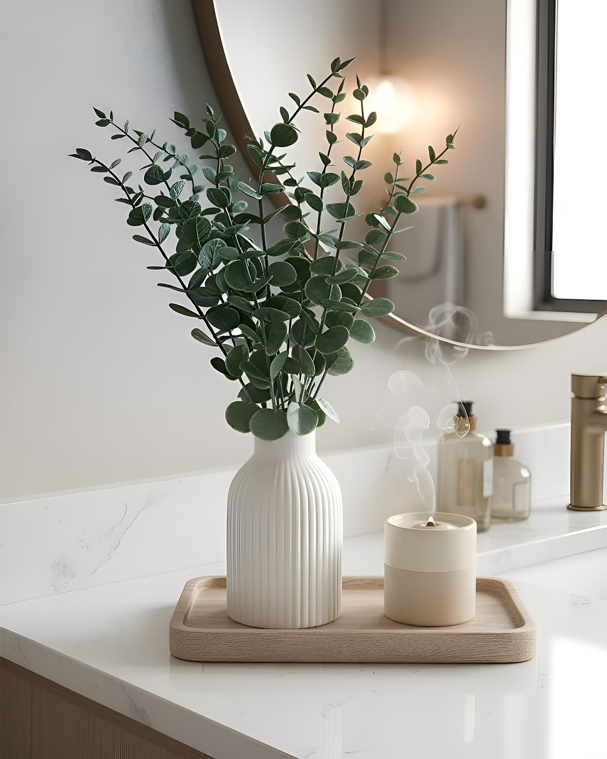 Faux Eucalyptus Stems in Ceramic Vase for Bathroom Counter Decor Artificial E…
