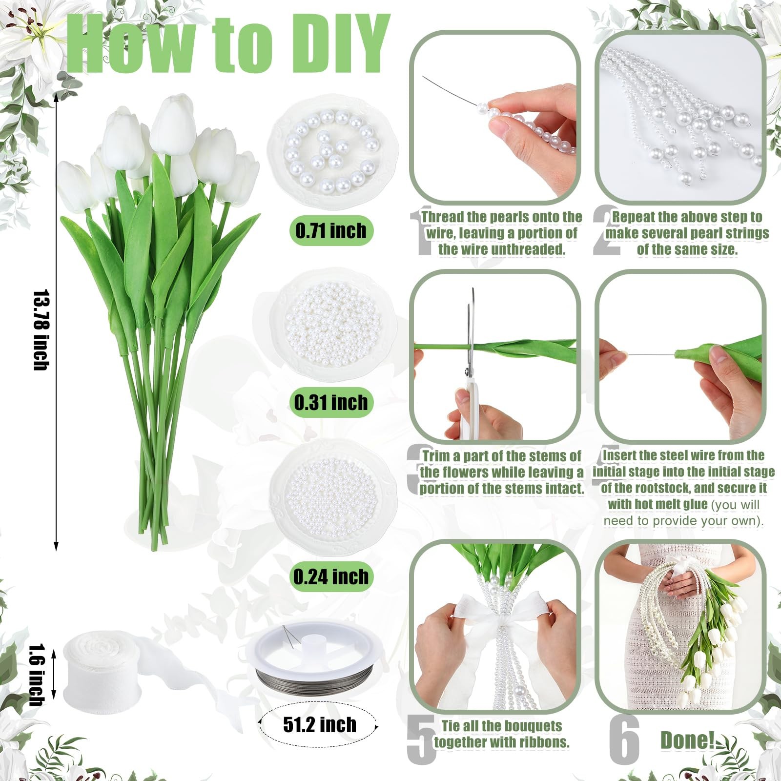20 Pcs White Tulip Artificial Flowers DIY Wedding Bouquet for Bride Wedding T…