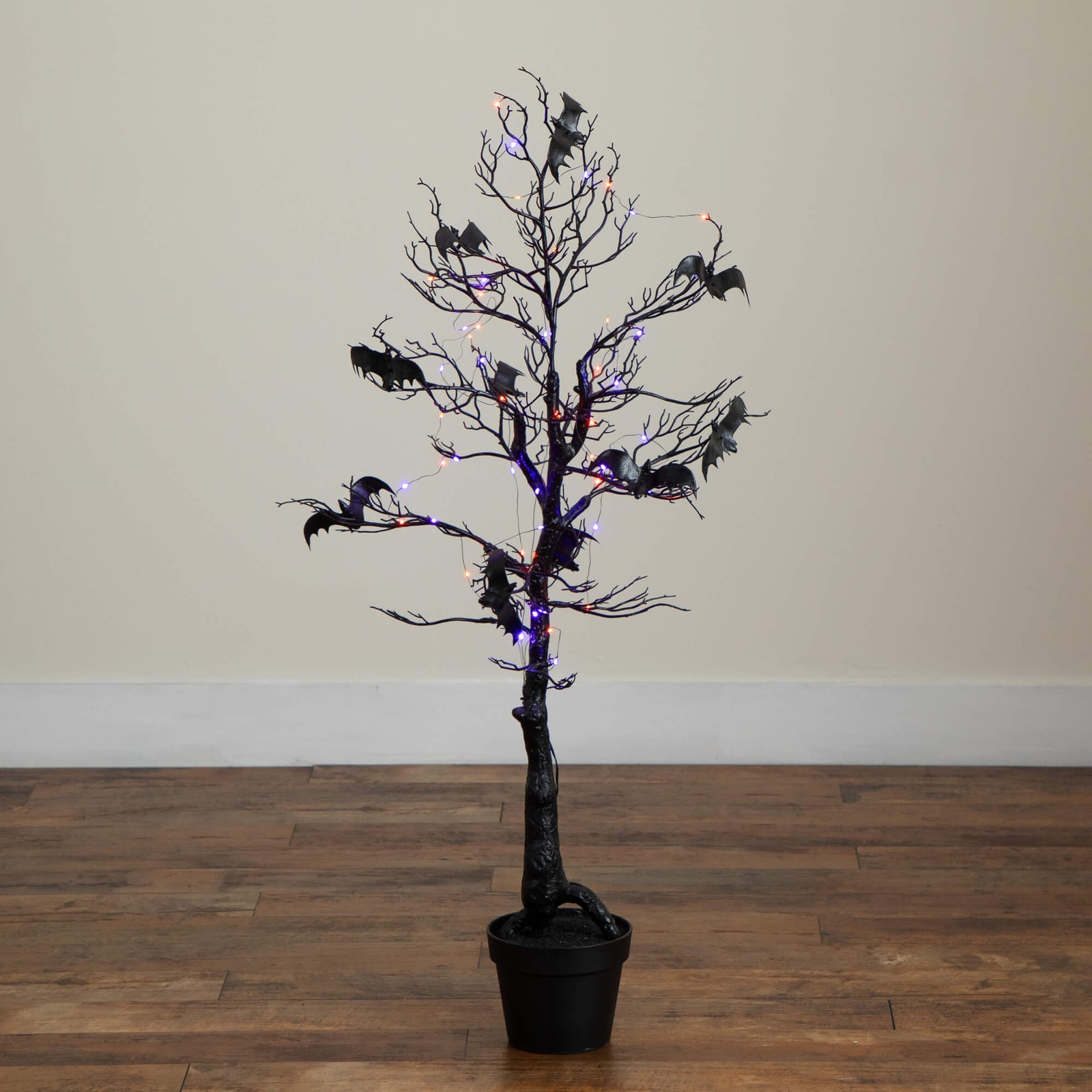 Nearly Natural 4ft Pre-Lit Halloween Black Spooky Twig Tree w/ Bats & 120 LED