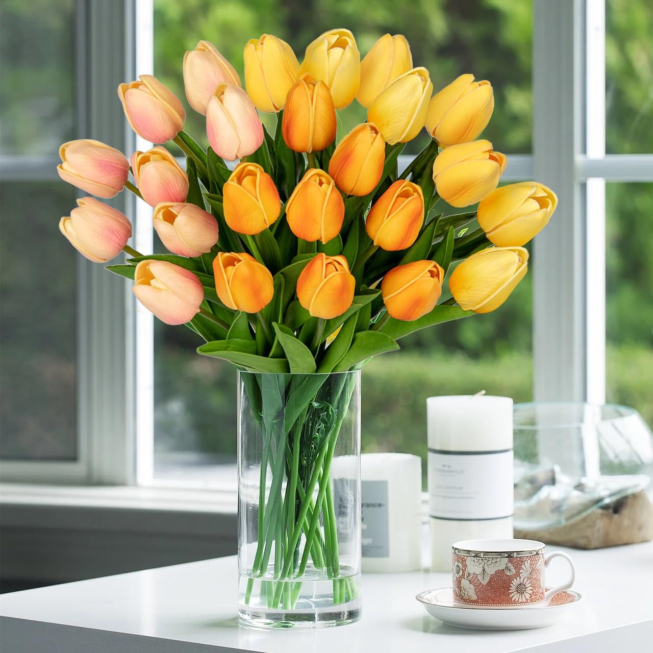 24 Pcs 13.5 in Mixcolor Artificial Tulips Flowers Real Touch Fake Tulips