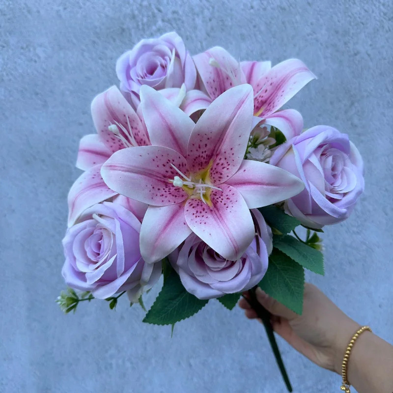 Spring Color Bouquet: 9-Stem Mixed Roses & Lilies with Roses – Fresh Cut