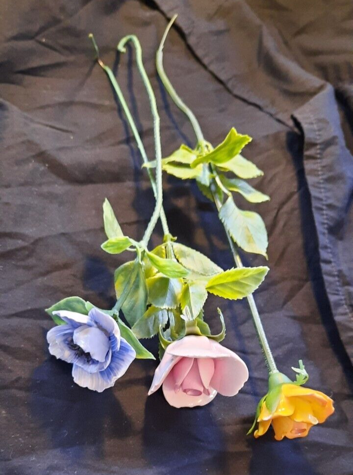 Vintage Porcelain Long Stem Roses – Set of 3 – Pink, Blue, Yellow – Soft Leaves
